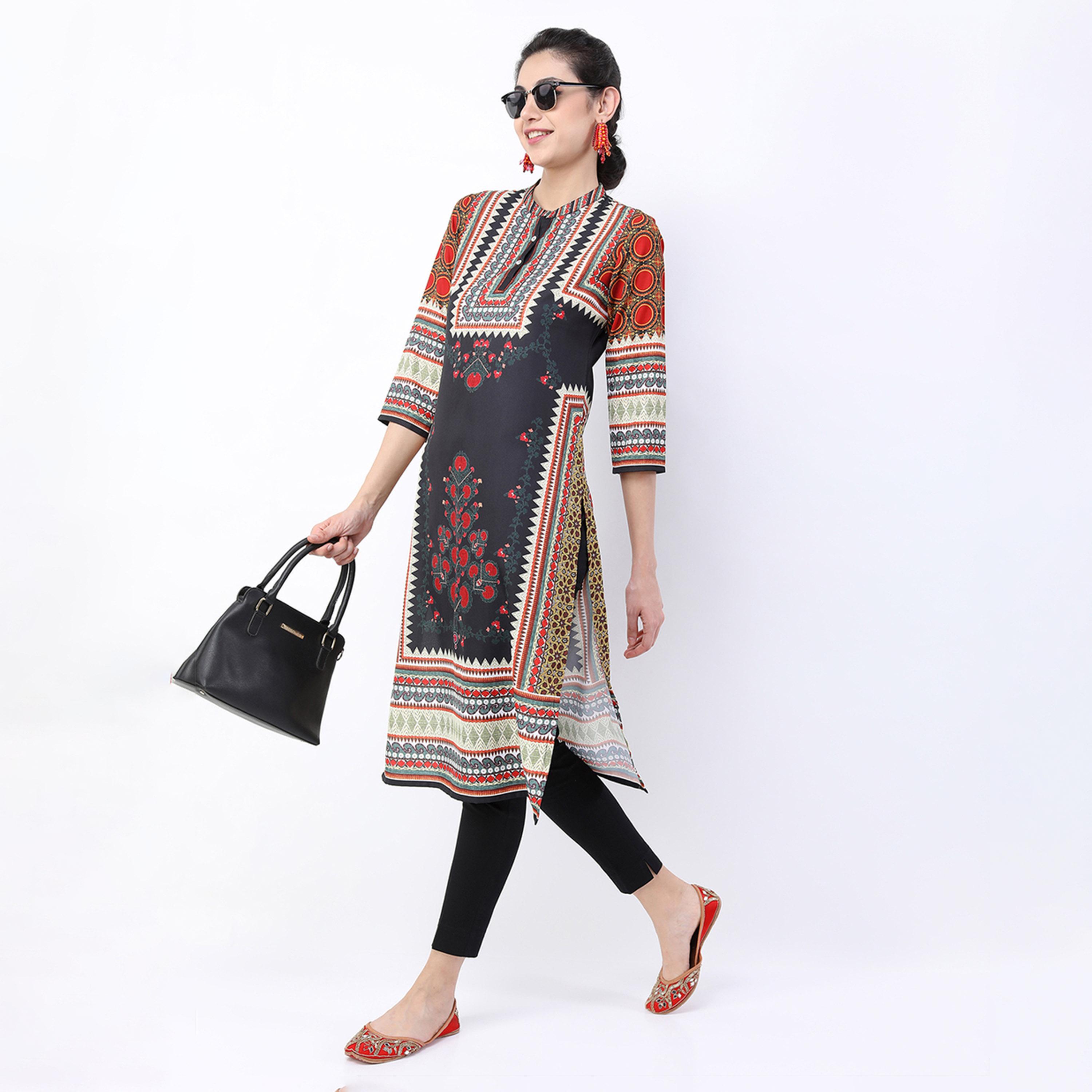 Vishudh X Styli Women Black Ethnic Motifs Printed Straight Kurta-women-clothing-ethnicwear-kurtas-image-2