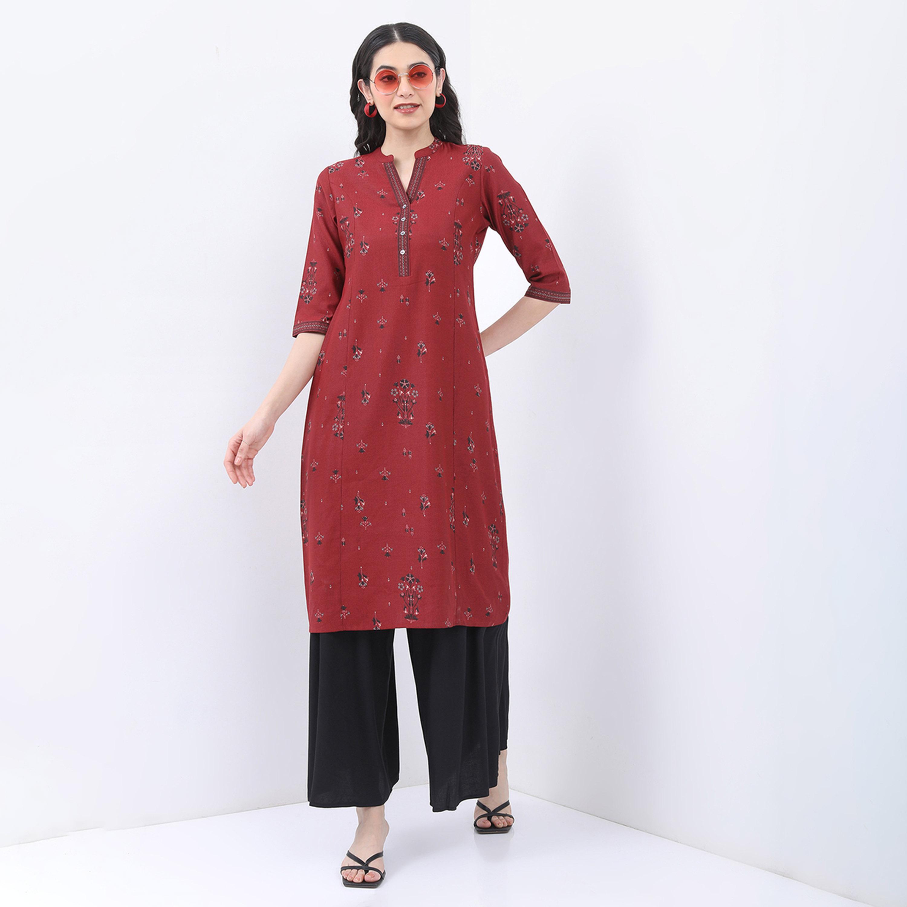 Vishudh X Styli Mandarin Collar Floral Printed Straight Kurta-women-clothing-ethnicwear-kurtas-image-1