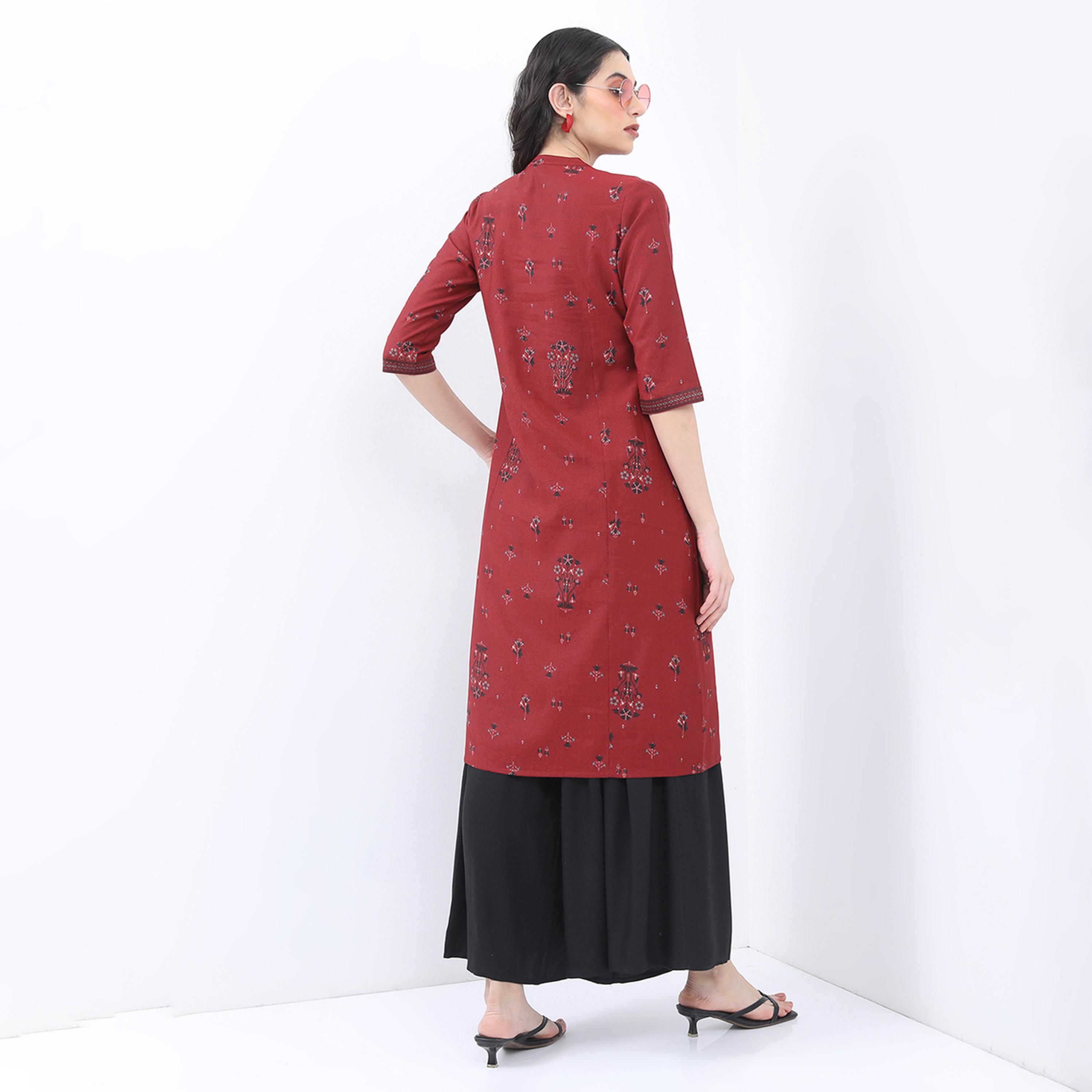 Vishudh X Styli Mandarin Collar Floral Printed Straight Kurta-women-clothing-ethnicwear-kurtas-image-3