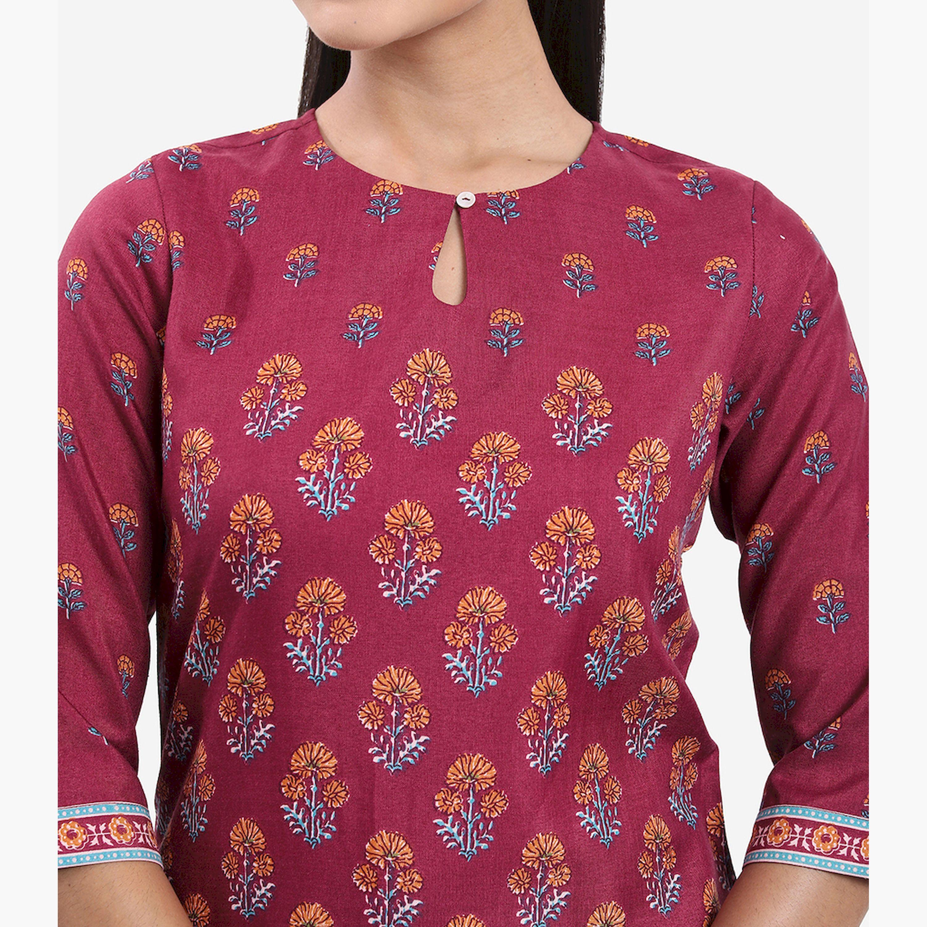فيشود × ستايلي - كورتي بفتحة رقبة صغيرة وطبعة أزهار - أحمر داكن-women-clothing-ethnicwear-kurtas-image-5