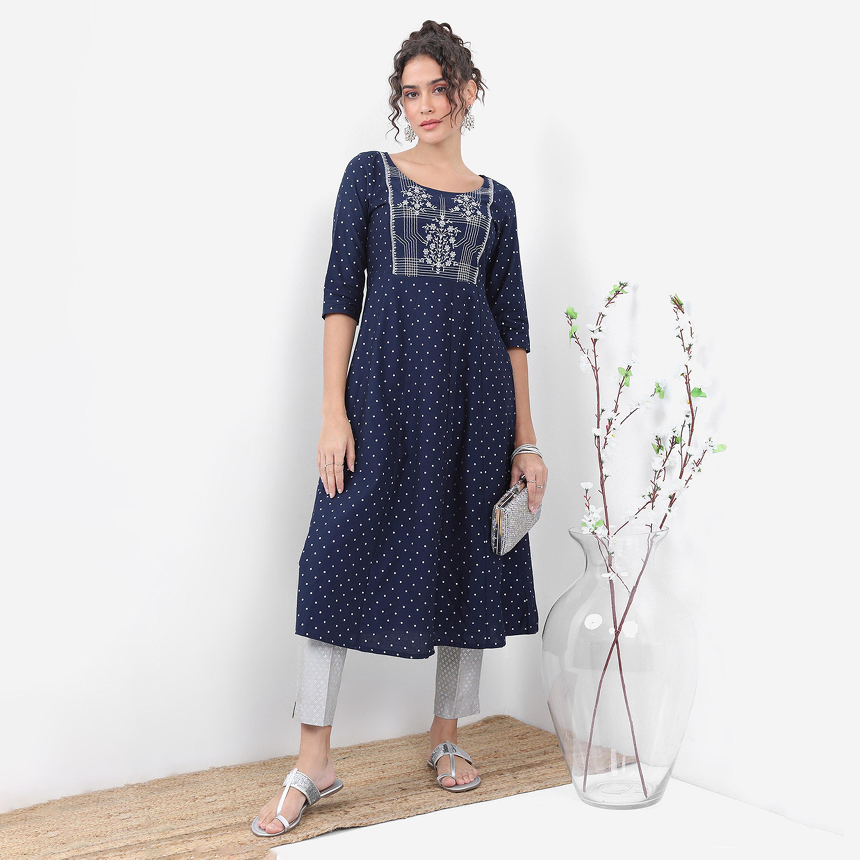 فيشود × ستايلي - كورتا بنمط هندسي مطبوع بقصّة A - كحلي-women-clothing-ethnicwear-kurtas-image-1