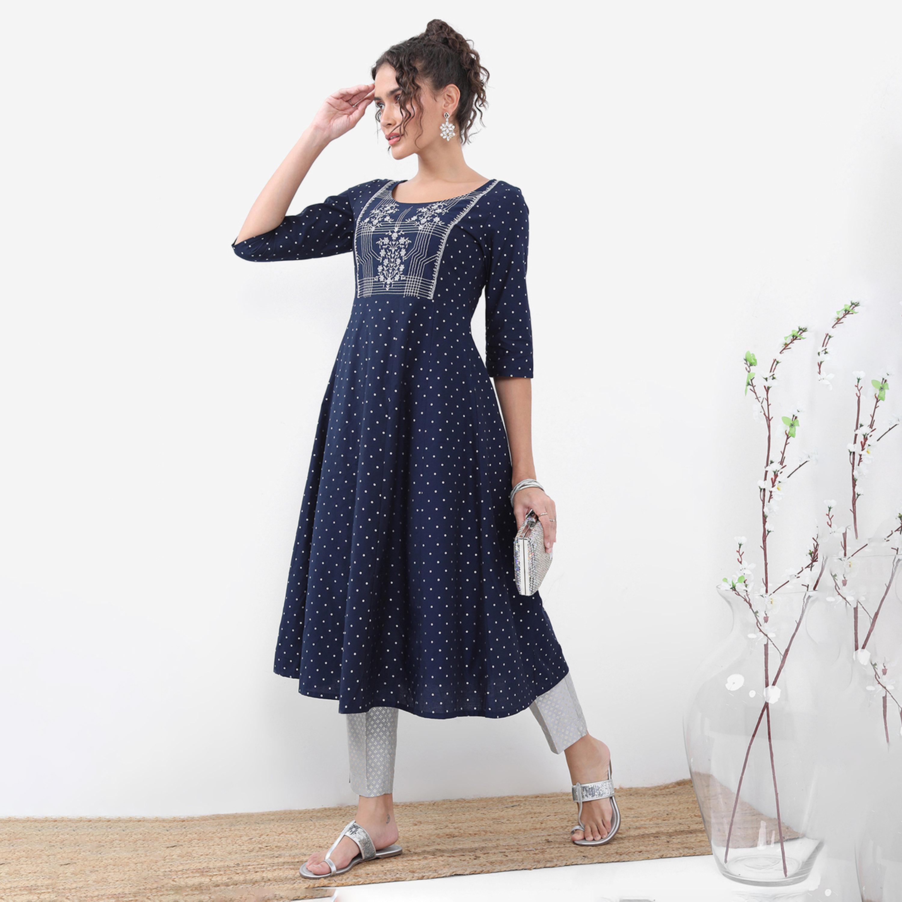 Vishudh X Styli Navy Blue Geometric Printed Thread Work A-Line Kurta-women-clothing-ethnicwear-kurtas-image-2