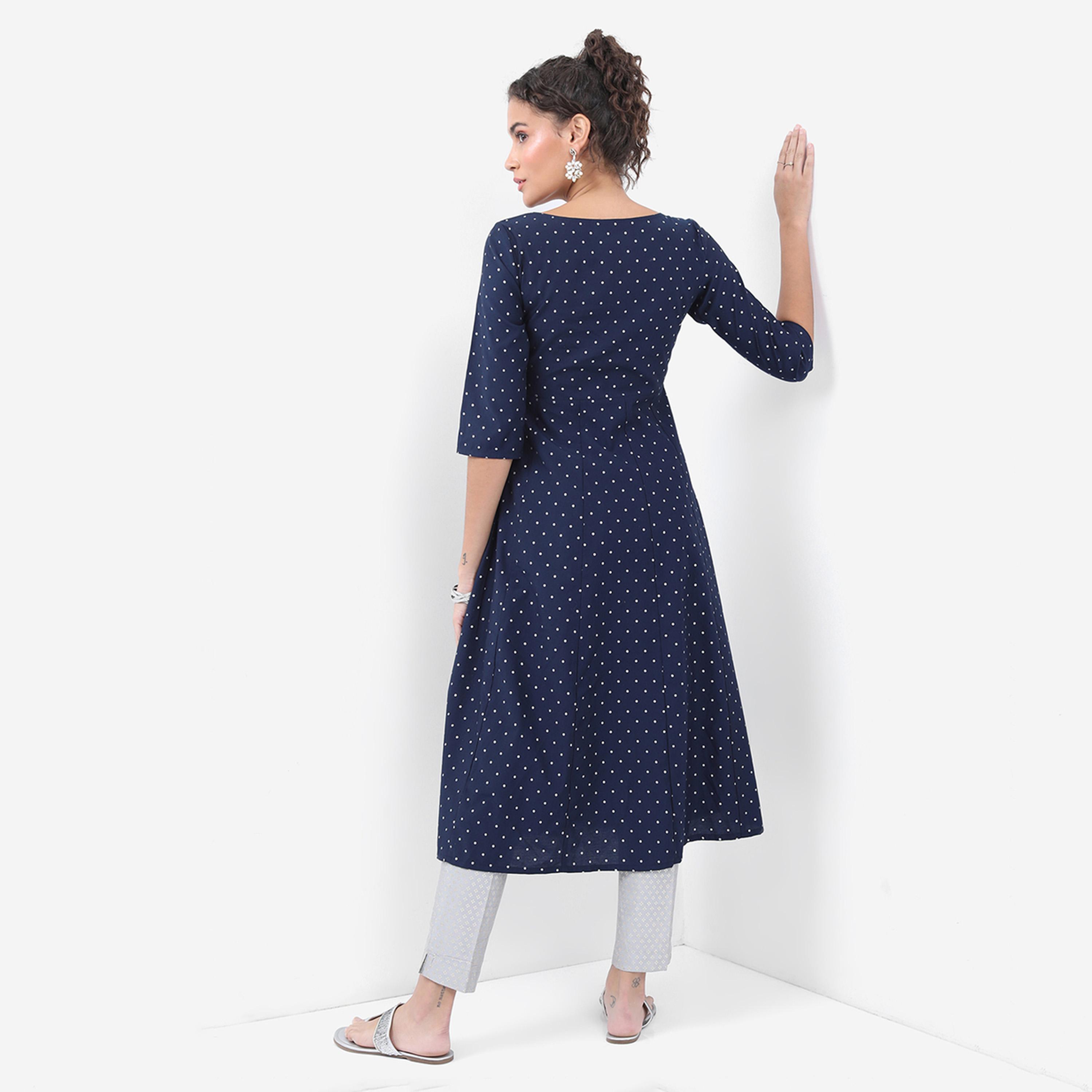 Vishudh X Styli Navy Blue Geometric Printed Thread Work A-Line Kurta-women-clothing-ethnicwear-kurtas-image-3