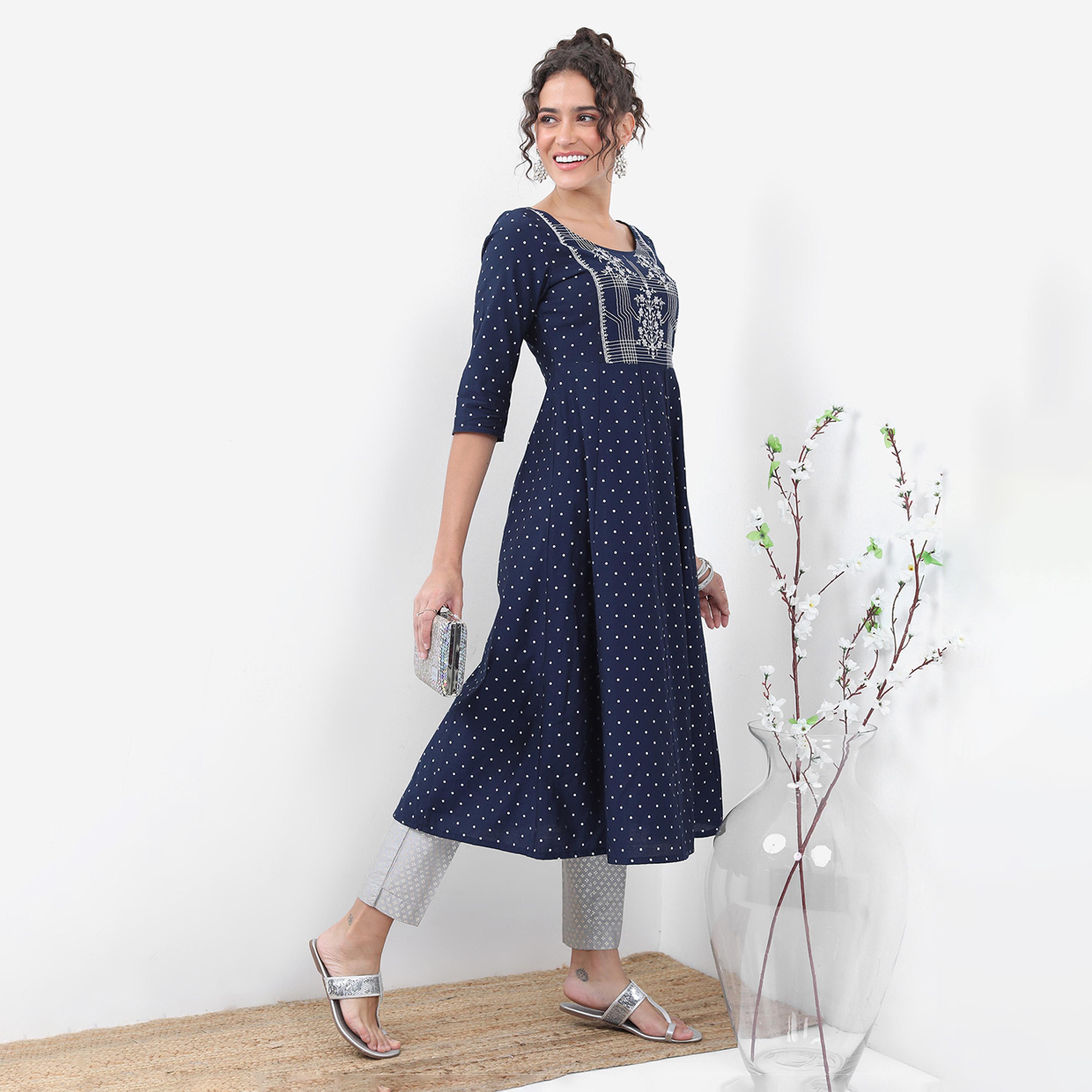 فيشود × ستايلي - كورتا بنمط هندسي مطبوع بقصّة A - كحلي-women-clothing-ethnicwear-kurtas-image-4