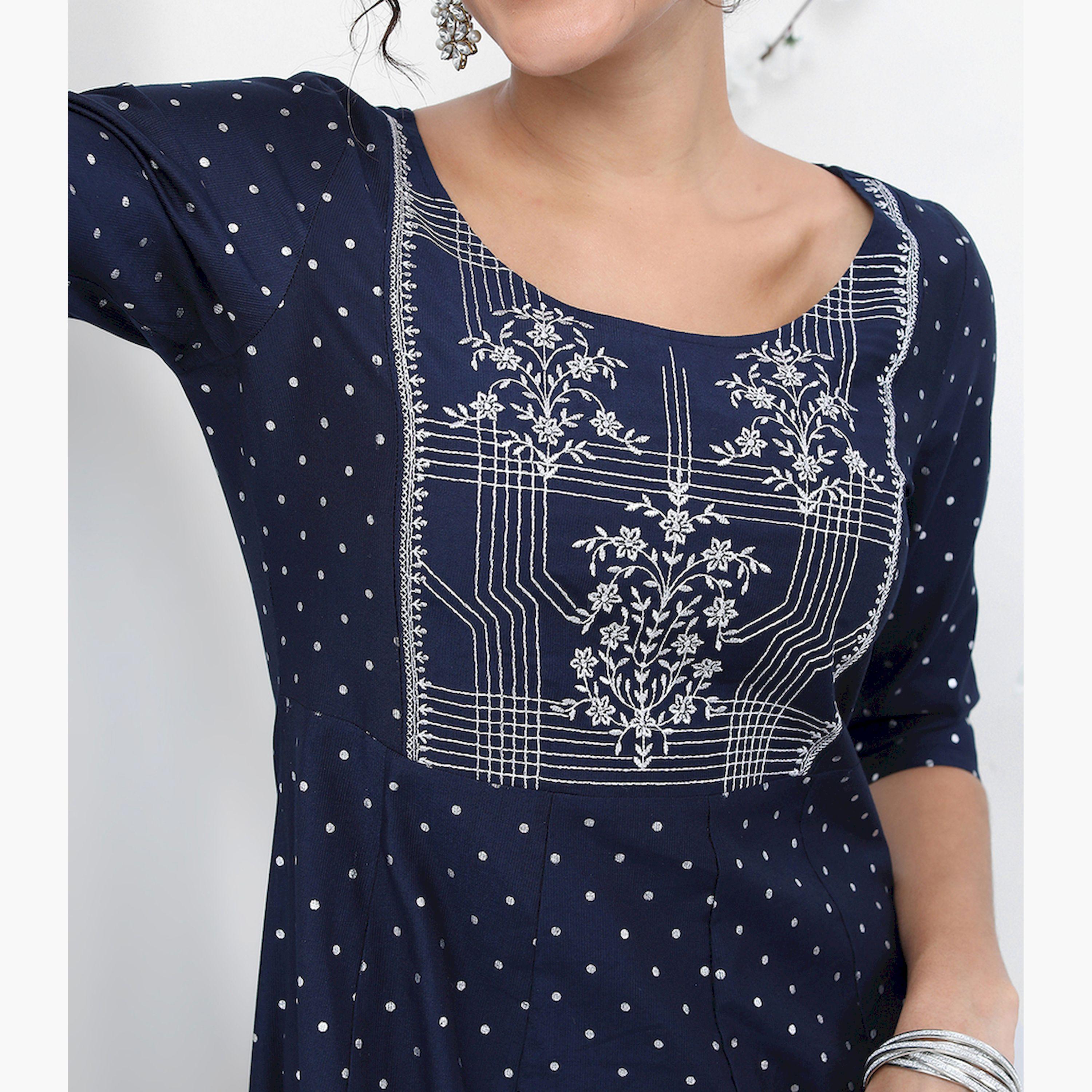 فيشود × ستايلي - كورتا بنمط هندسي مطبوع بقصّة A - كحلي-women-clothing-ethnicwear-kurtas-image-5