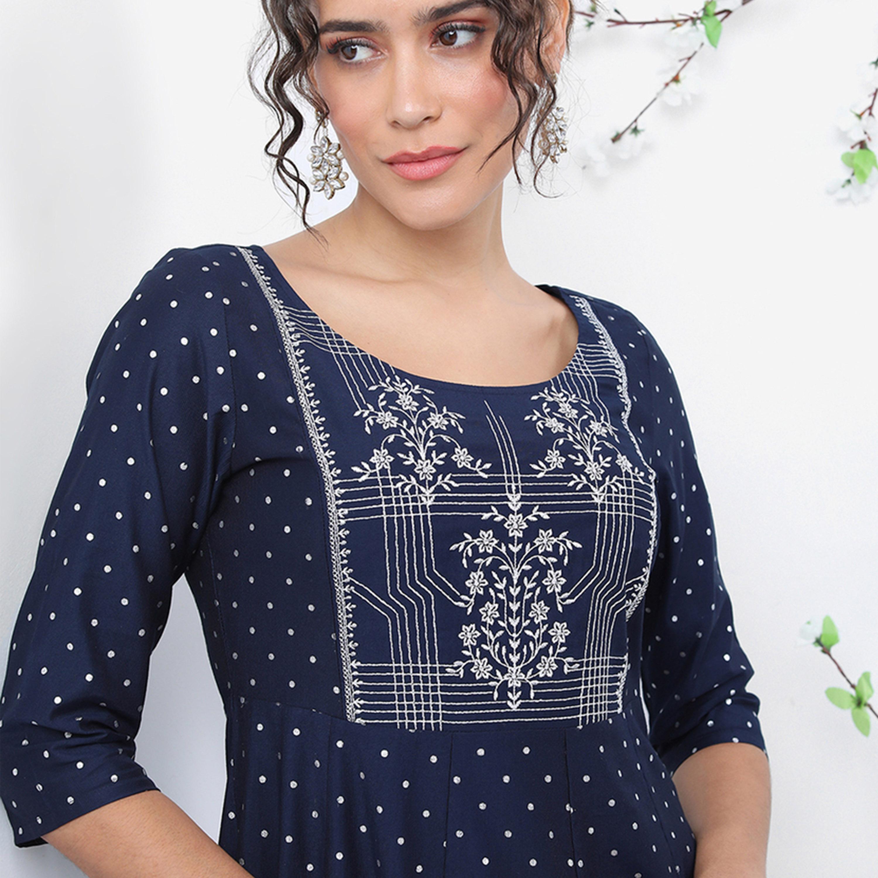 فيشود × ستايلي - كورتا بنمط هندسي مطبوع بقصّة A - كحلي-women-clothing-ethnicwear-kurtas-image-6