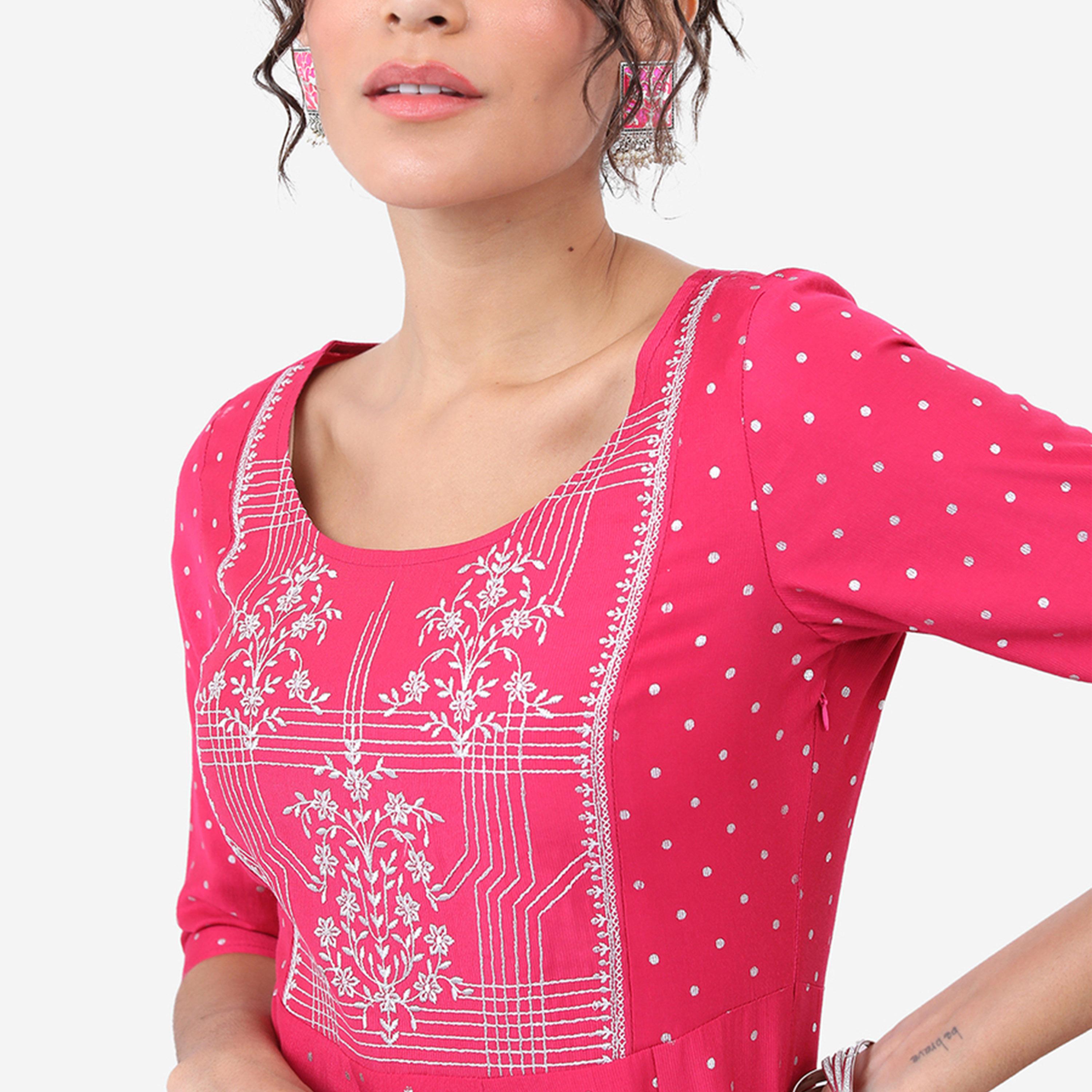 فيشود × ستايلي - كورتا أناركالي مطرزة بالزهور - وردي وأبيض-women-clothing-ethnicwear-kurtas-image-2