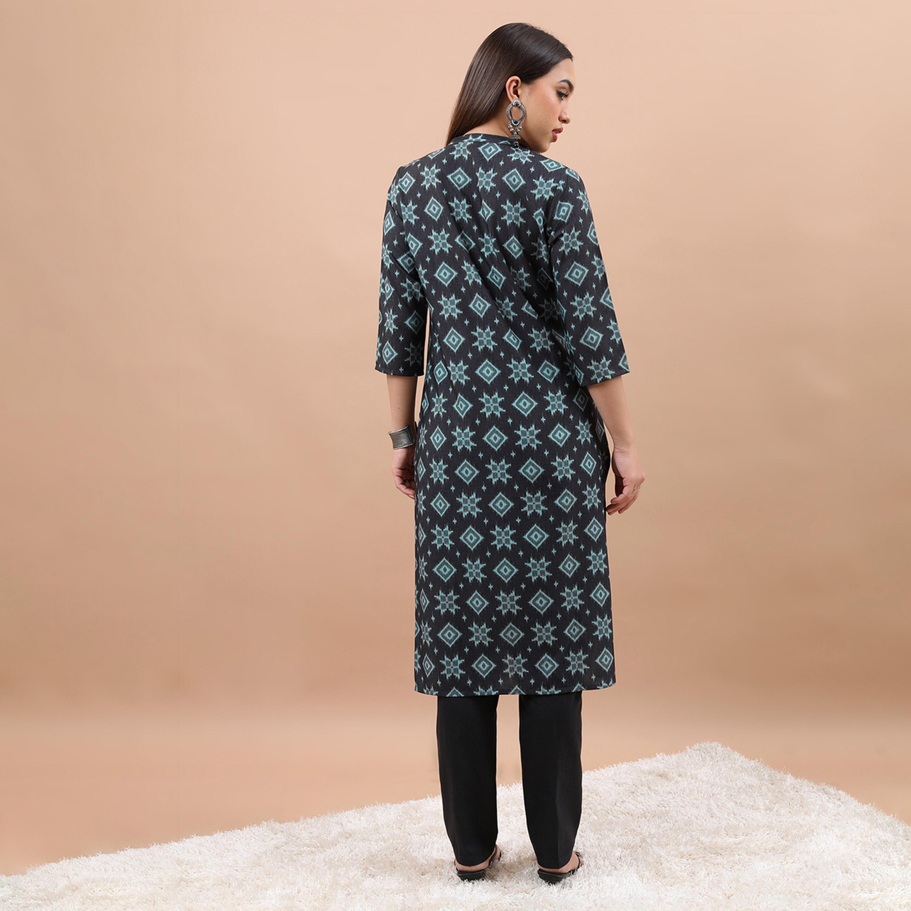 فيشود × ستايلي - كورتا بطبعة هندسية وياقة ماندرين-women-clothing-ethnicwear-kurtas-image-3