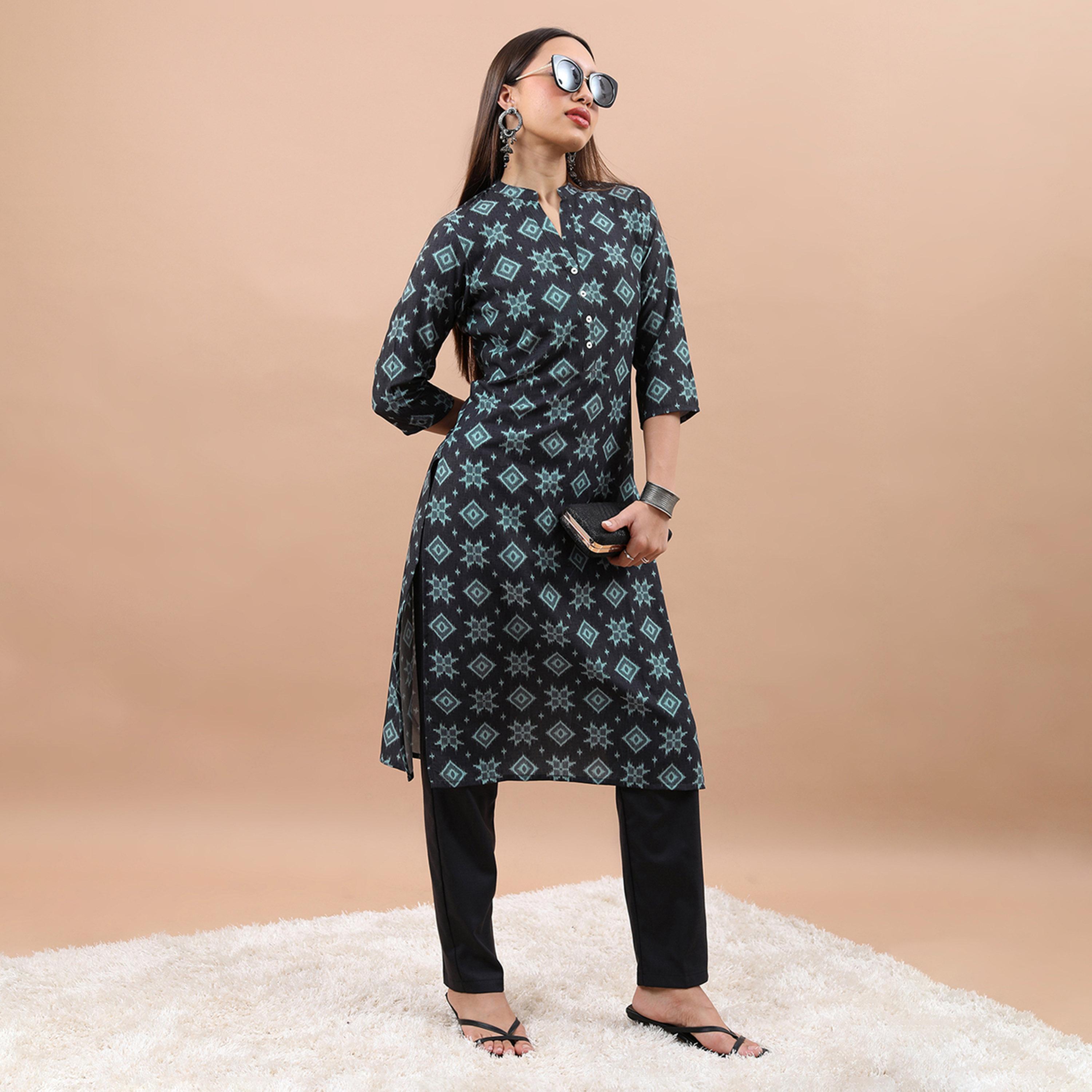 فيشود × ستايلي - كورتا بطبعة هندسية وياقة ماندرين-women-clothing-ethnicwear-kurtas-image-6