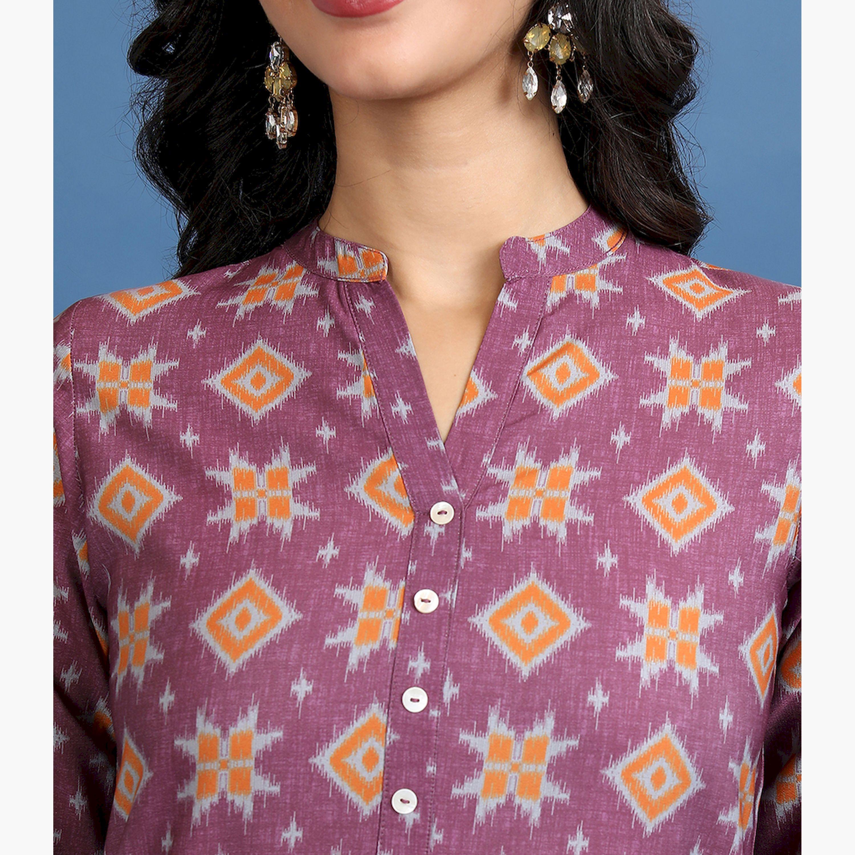 فيشود × ستايلي - كورتا مستقيمة بزخارف عرقية وياقة ماندرين - برغندي-women-clothing-ethnicwear-kurtas-image-5