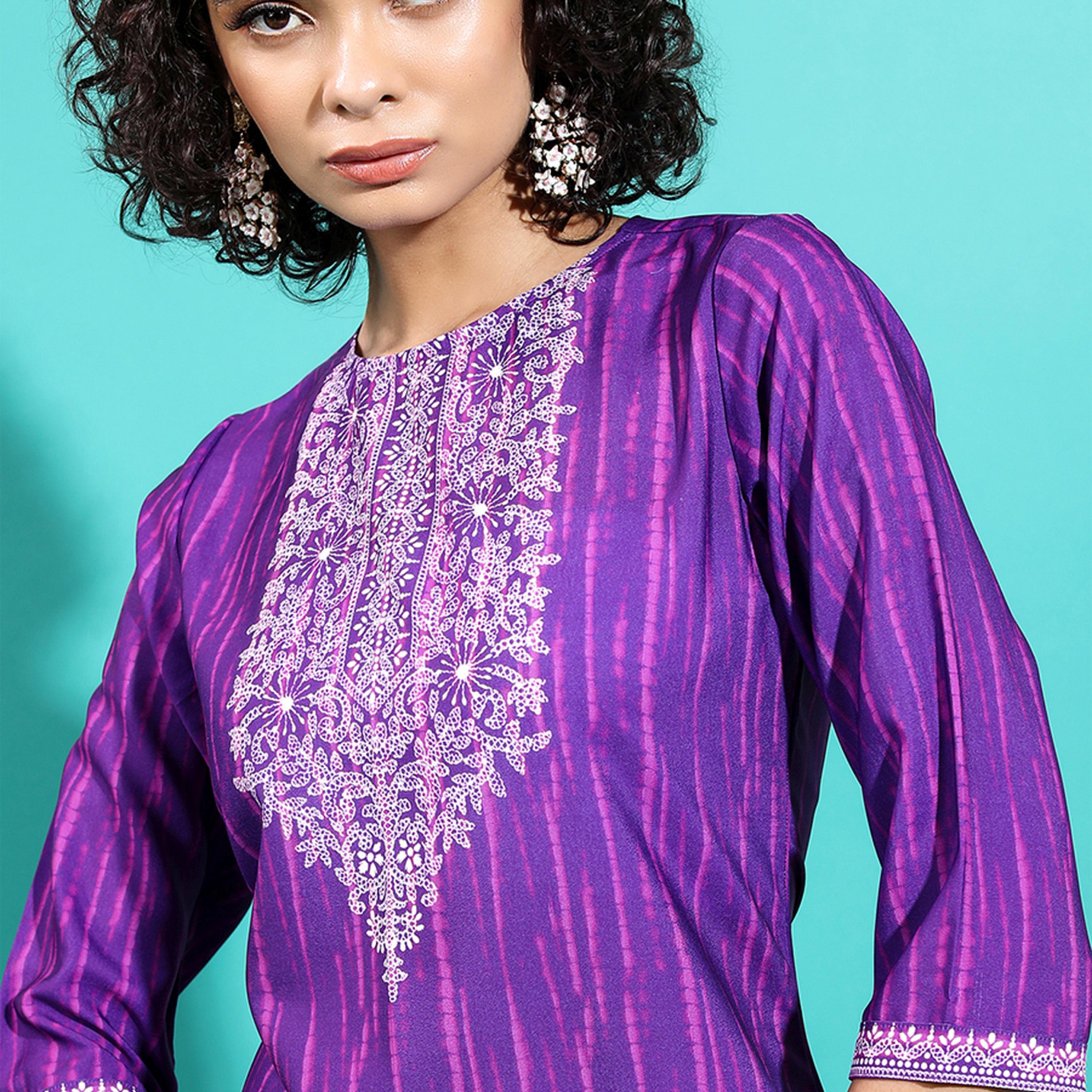 فيشود × ستايلي - كورتا نسائية مطرزة بفتحة رقبة صغيرة وأكمام واسعة وتطريز خيوط - بنفسجي-women-clothing-ethnicwear-kurtas-image-2