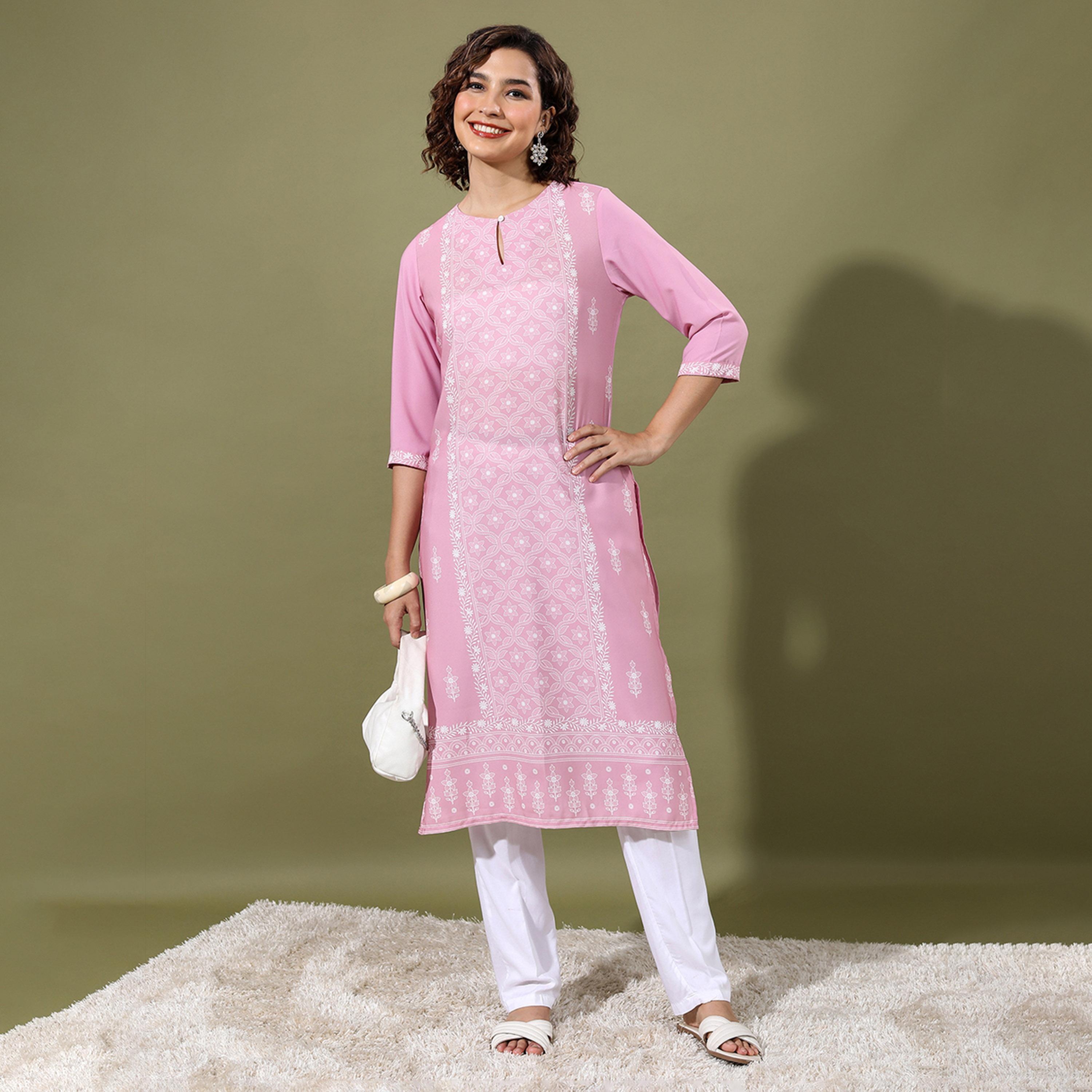 فيشود × ستايلي - كورتا مستقيمة بفتحة رقبة صغيرة وطبعة زهور - وردي-women-clothing-ethnicwear-kurtas-image-1