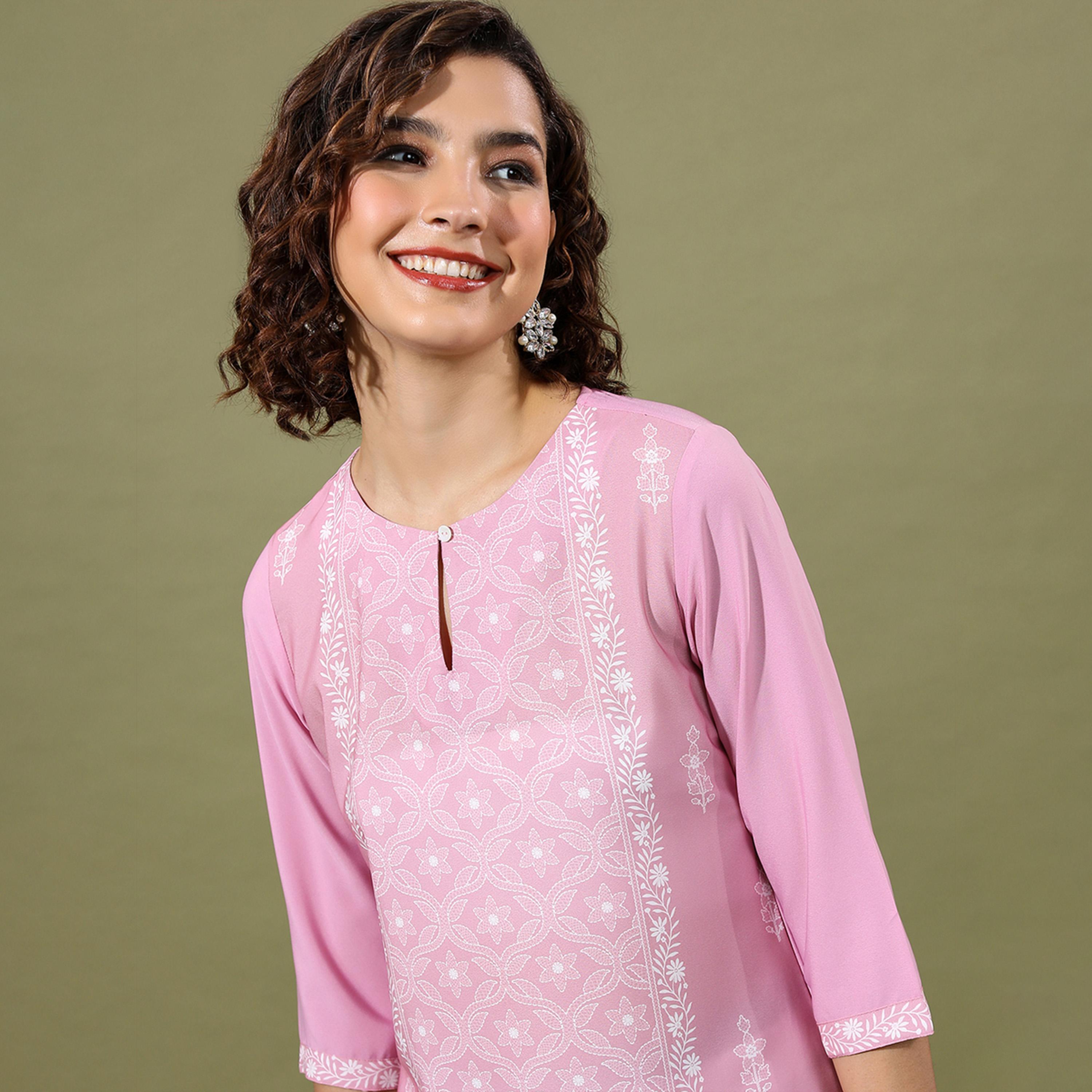 فيشود × ستايلي - كورتا مستقيمة بفتحة رقبة صغيرة وطبعة زهور - وردي-women-clothing-ethnicwear-kurtas-image-2