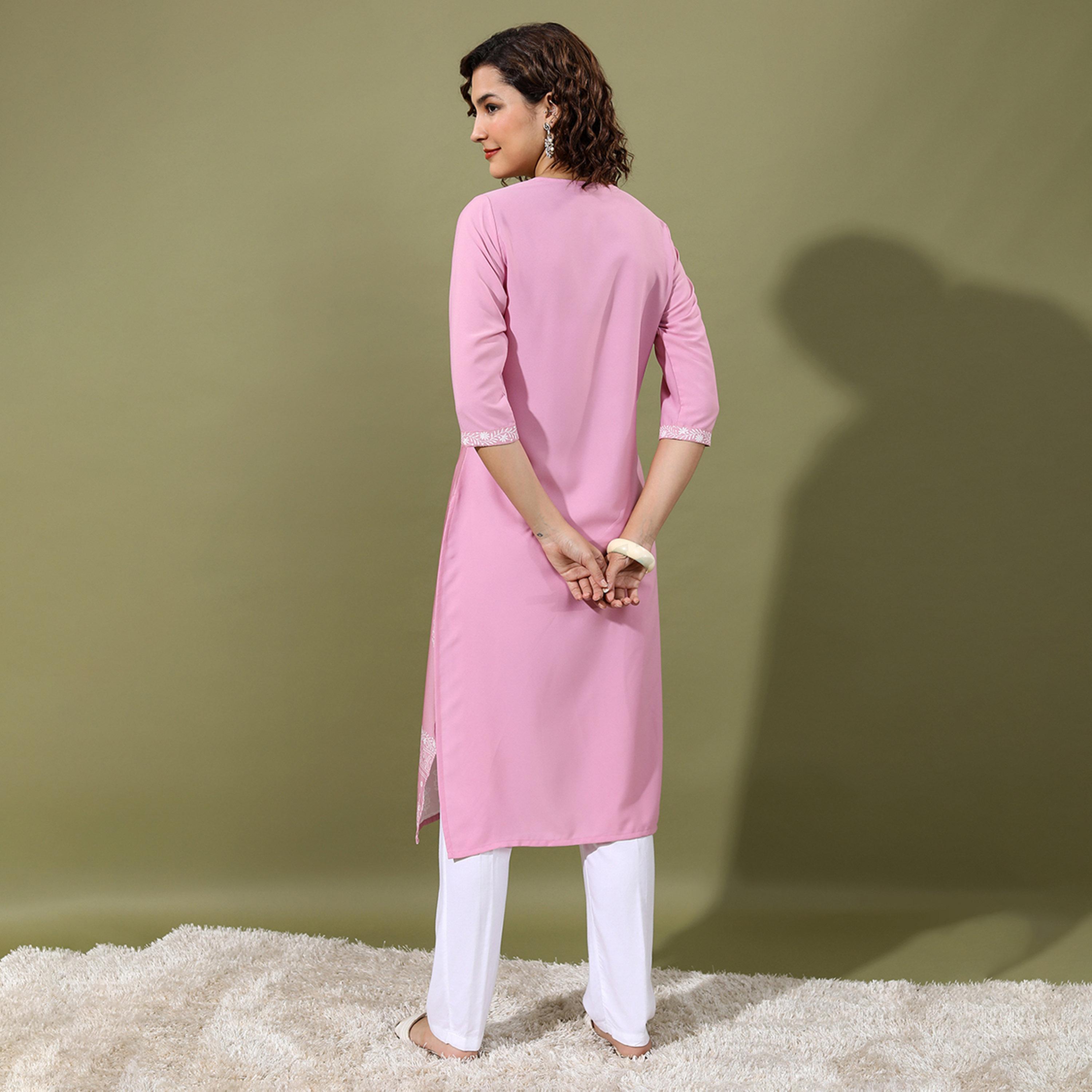 فيشود × ستايلي - كورتا مستقيمة بفتحة رقبة صغيرة وطبعة زهور - وردي-women-clothing-ethnicwear-kurtas-image-3