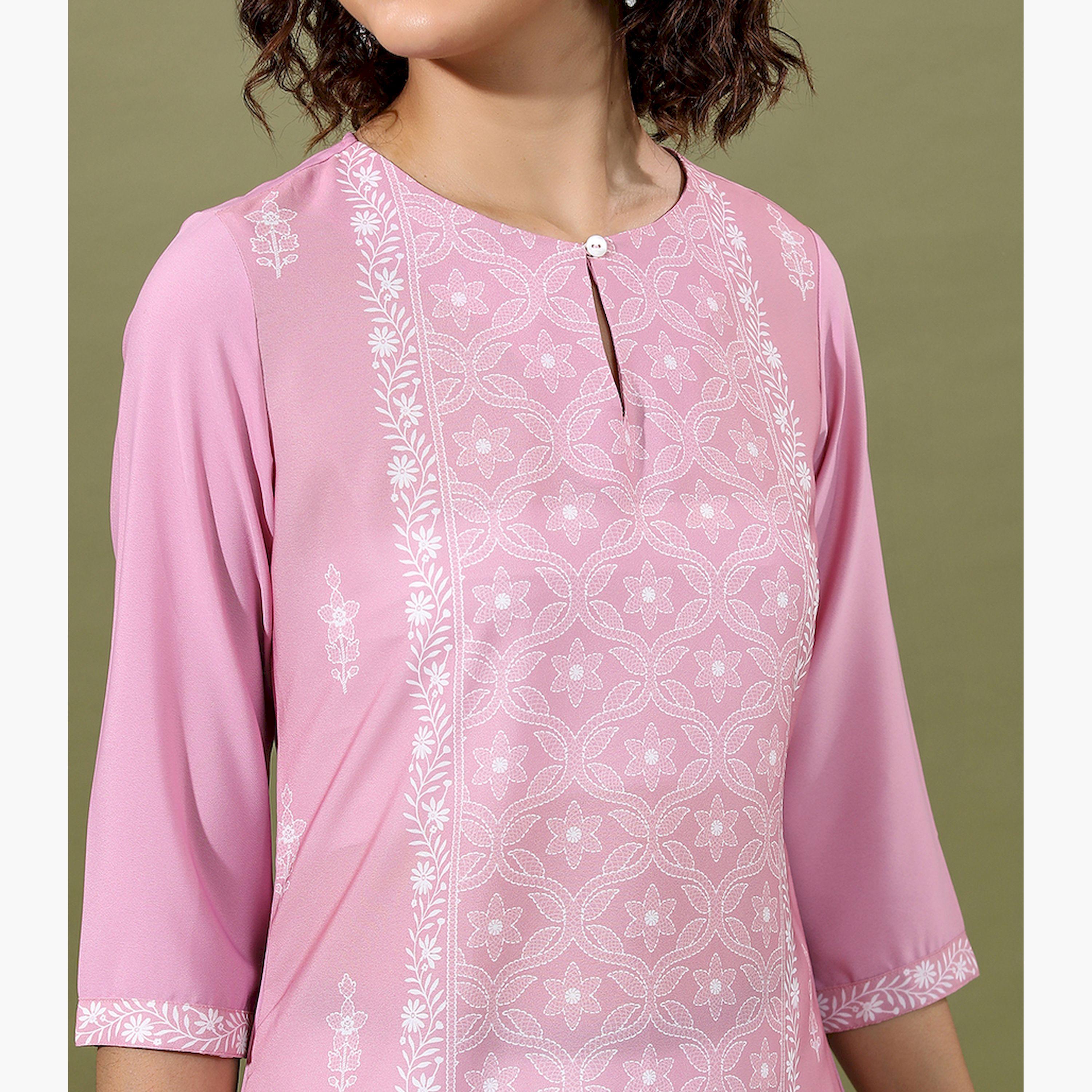 فيشود × ستايلي - كورتا مستقيمة بفتحة رقبة صغيرة وطبعة زهور - وردي-women-clothing-ethnicwear-kurtas-image-5
