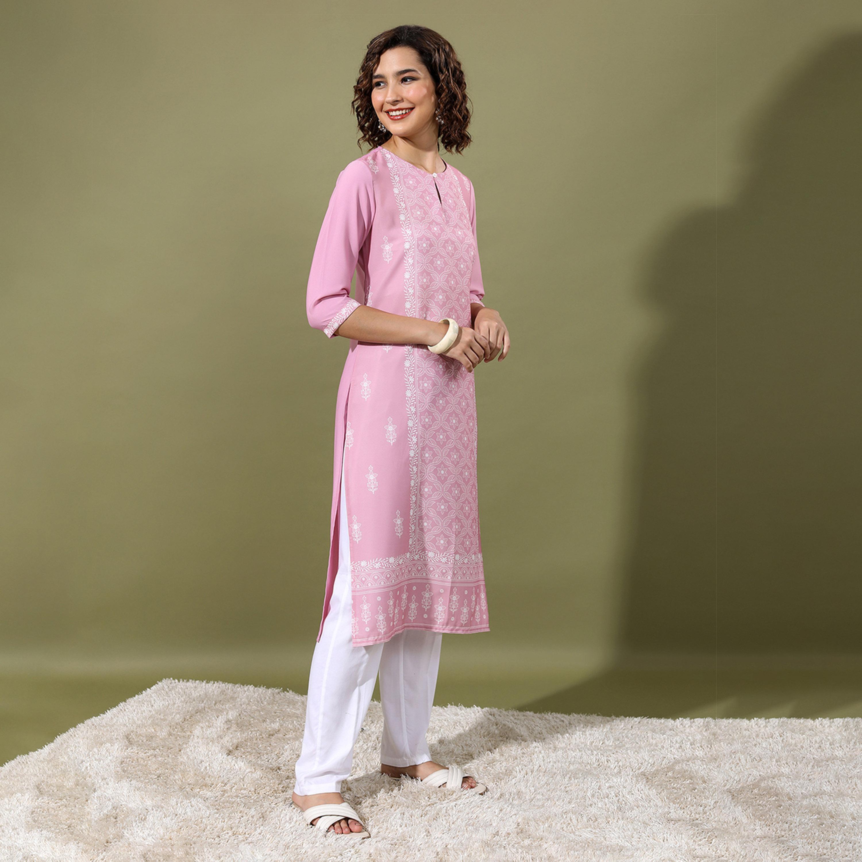 فيشود × ستايلي - كورتا مستقيمة بفتحة رقبة صغيرة وطبعة زهور - وردي-women-clothing-ethnicwear-kurtas-image-6