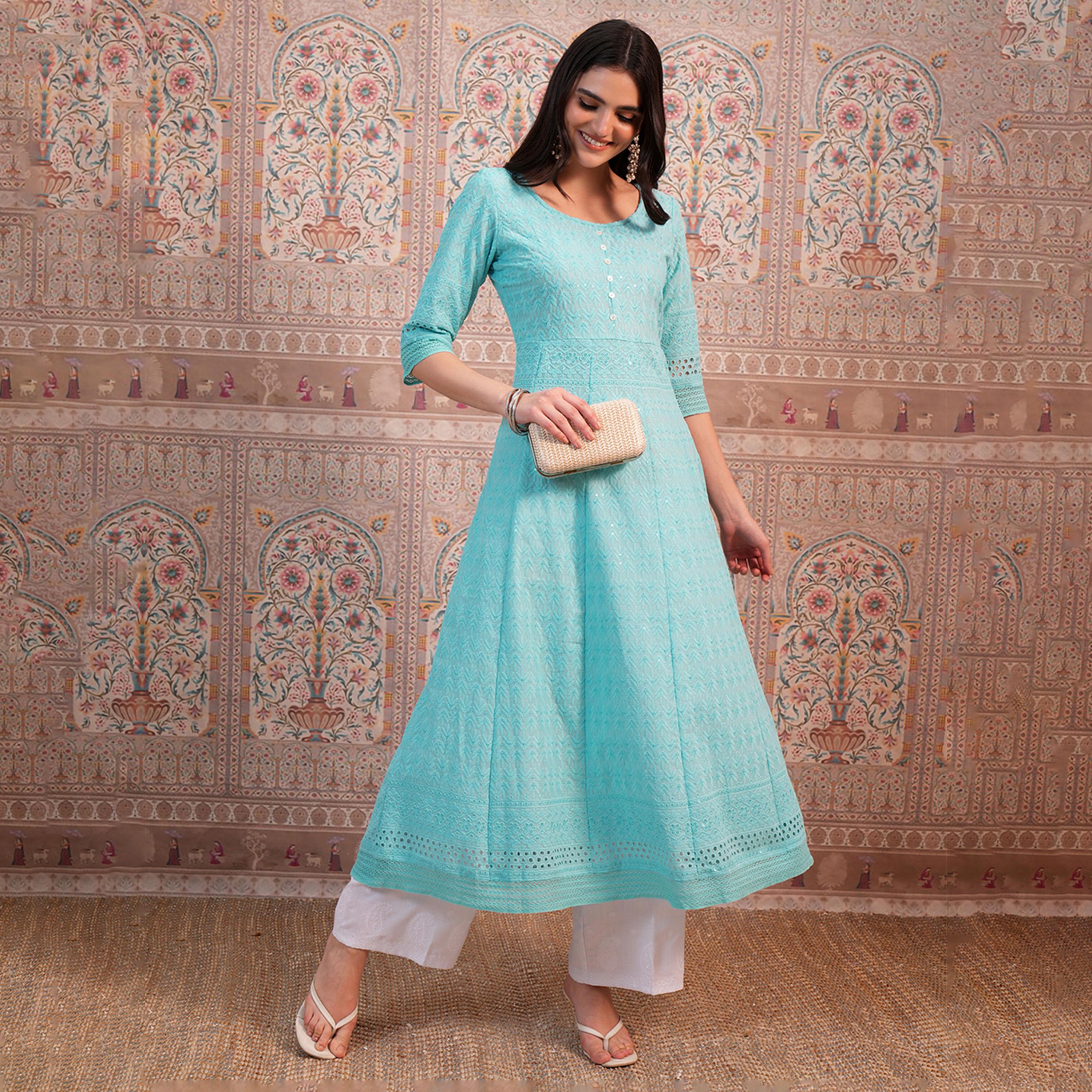 Vishudh X Styli Blue Ethnic Motifs Embroidered Sequined Anarkali Kurta-women-clothing-ethnicwear-kurtas-image-1