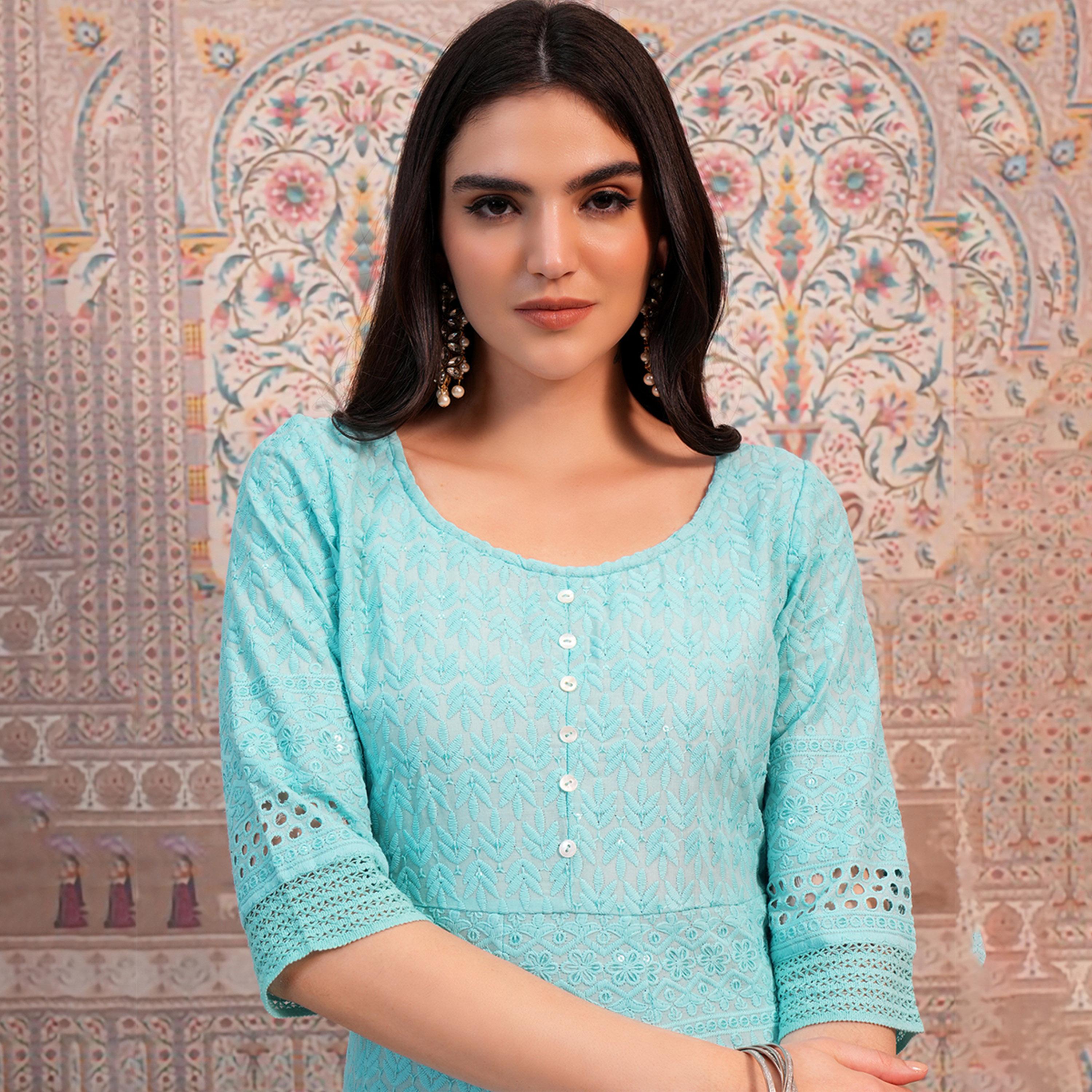 Vishudh X Styli Blue Ethnic Motifs Embroidered Sequined Anarkali Kurta-women-clothing-ethnicwear-kurtas-image-2