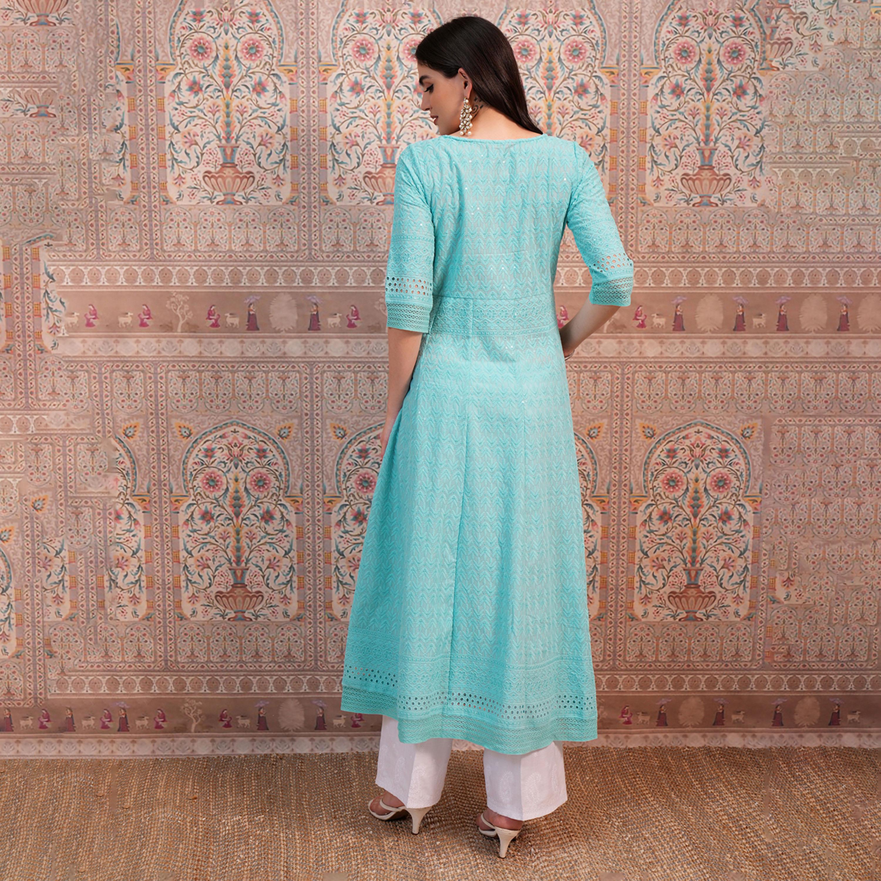 Vishudh X Styli Blue Ethnic Motifs Embroidered Sequined Anarkali Kurta-women-clothing-ethnicwear-kurtas-image-3