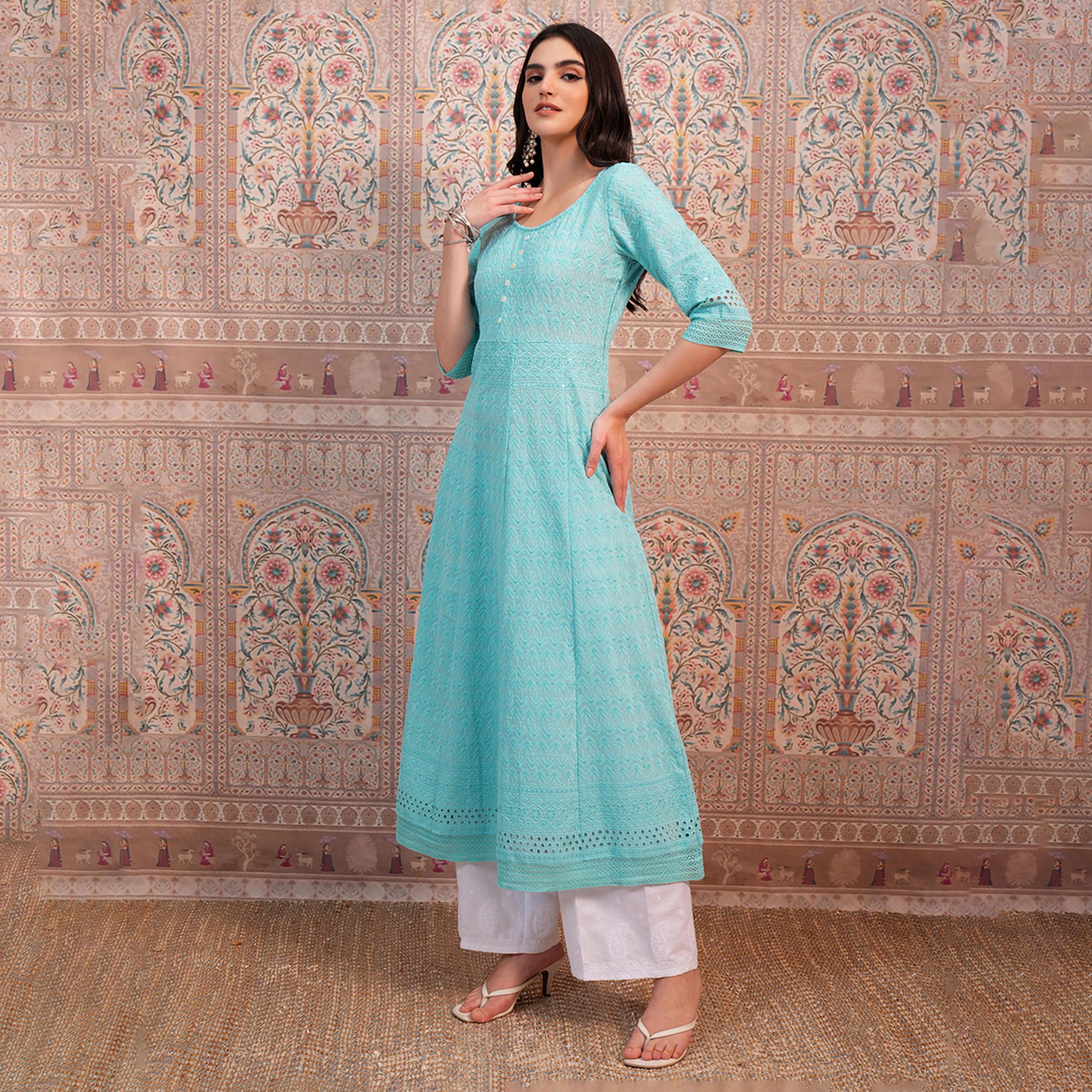 Vishudh X Styli Blue Ethnic Motifs Embroidered Sequined Anarkali Kurta-women-clothing-ethnicwear-kurtas-image-4