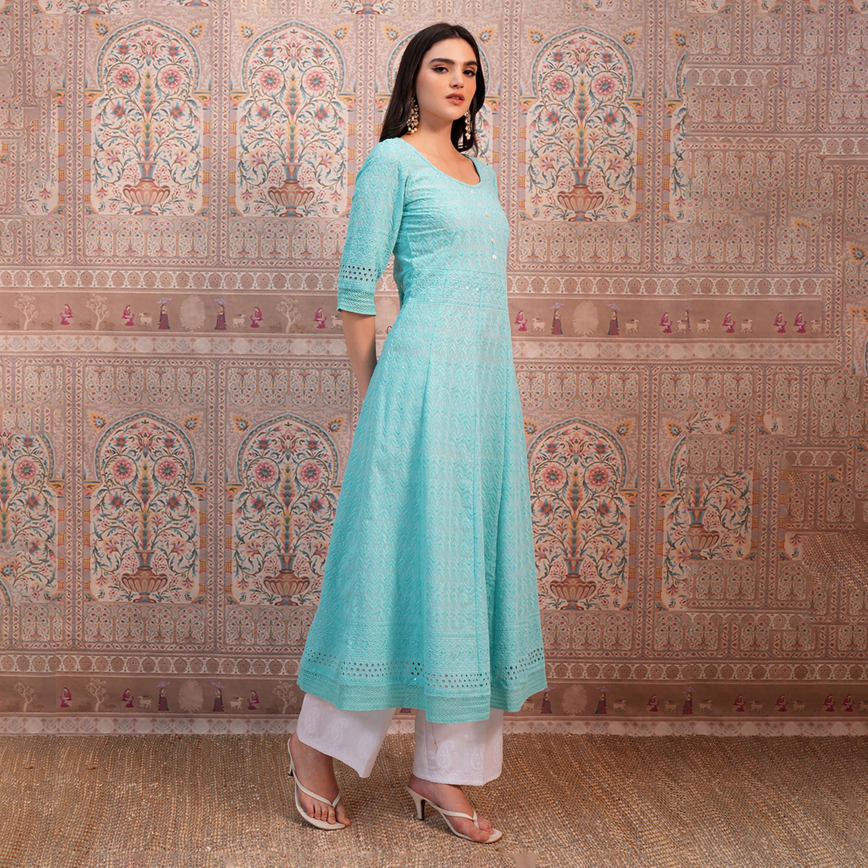 Vishudh X Styli Blue Ethnic Motifs Embroidered Sequined Anarkali Kurta-women-clothing-ethnicwear-kurtas-image-6