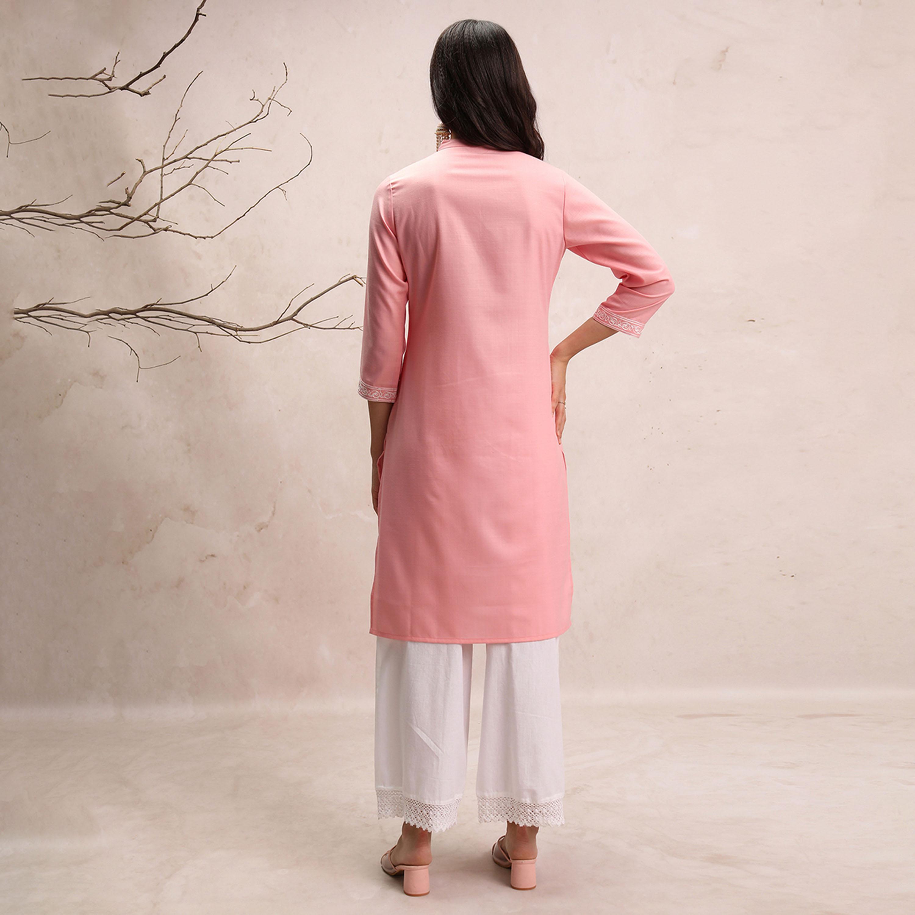 Vishudh X Styli Ethnic Motifs Yoke Design Thread Work Mandarin Collar Straight Kurta-women-clothing-ethnicwear-kurtas-image-3