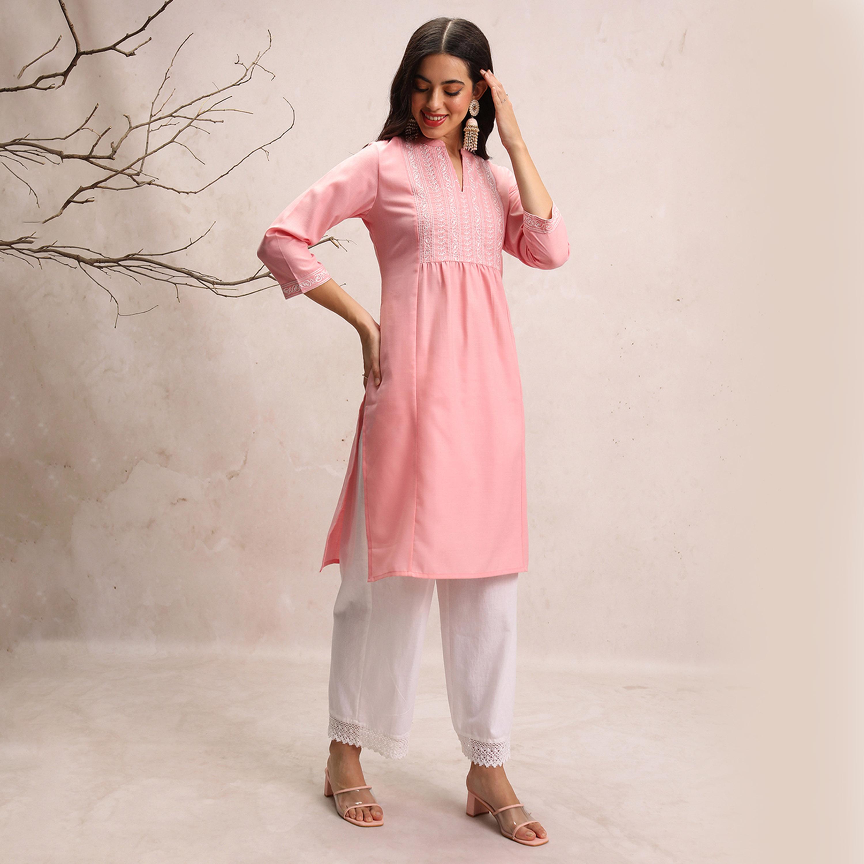Vishudh X Styli Ethnic Motifs Yoke Design Thread Work Mandarin Collar Straight Kurta-women-clothing-ethnicwear-kurtas-image-4