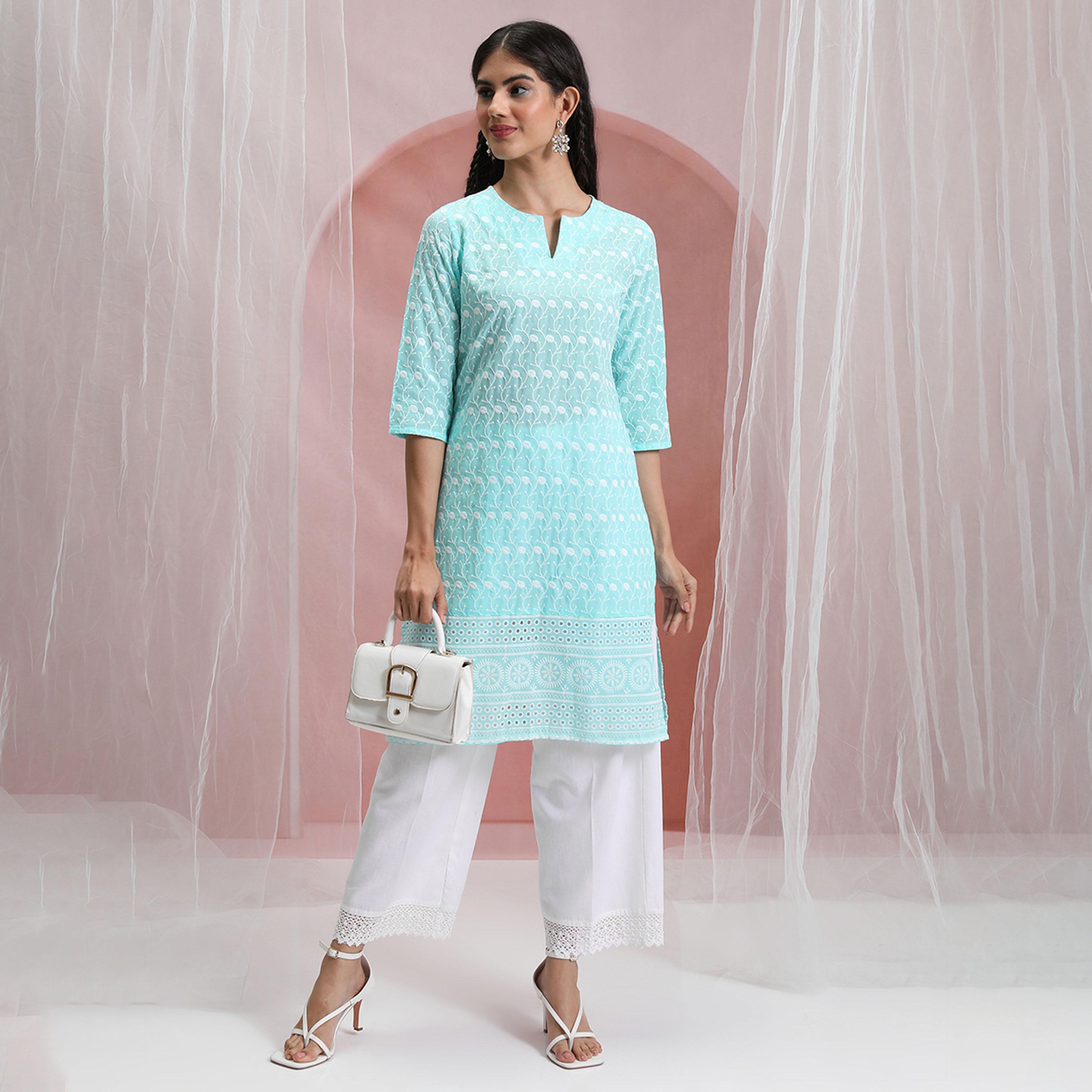 Vishudh X Styli Blue & White Floral Embroidered Round Notched Neck Straight Kurta-women-clothing-ethnicwear-kurtas-image-1