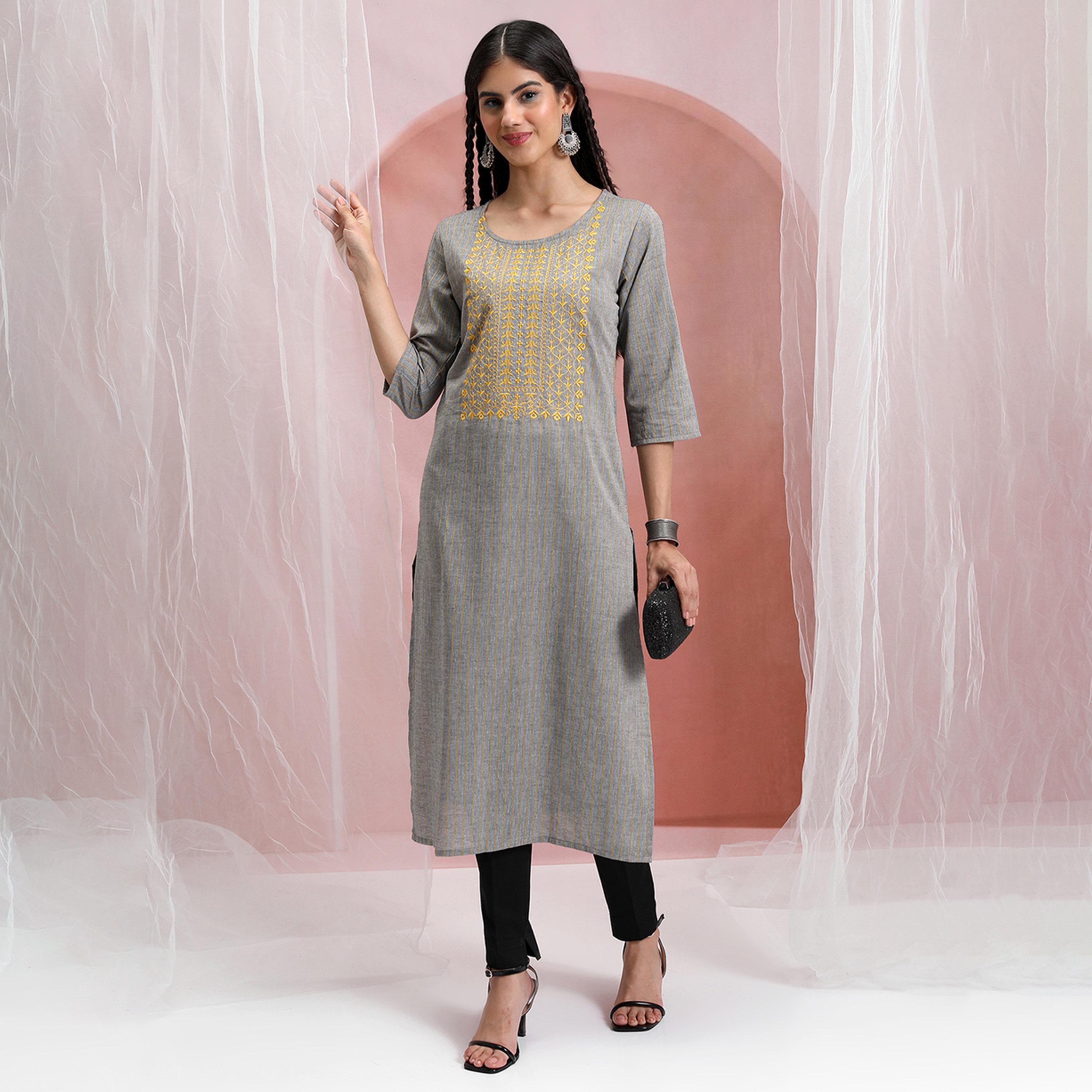 Vishudh X Styli Grey & Yellow Ethnic Motifs Yoke Design Thread Work Cotton Kurta-women-clothing-ethnicwear-kurtas-image-1