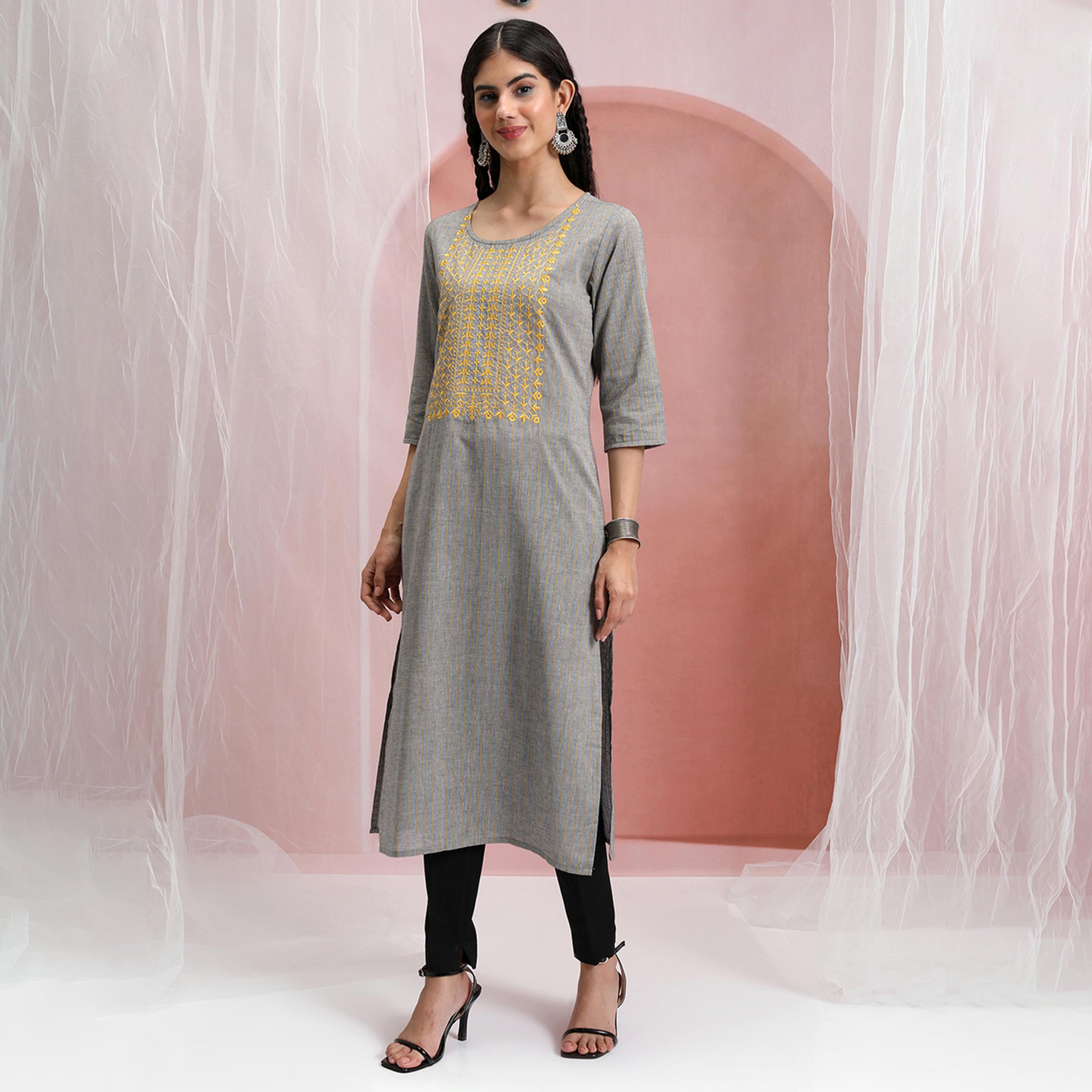 Vishudh X Styli Grey & Yellow Ethnic Motifs Yoke Design Thread Work Cotton Kurta-women-clothing-ethnicwear-kurtas-image-2