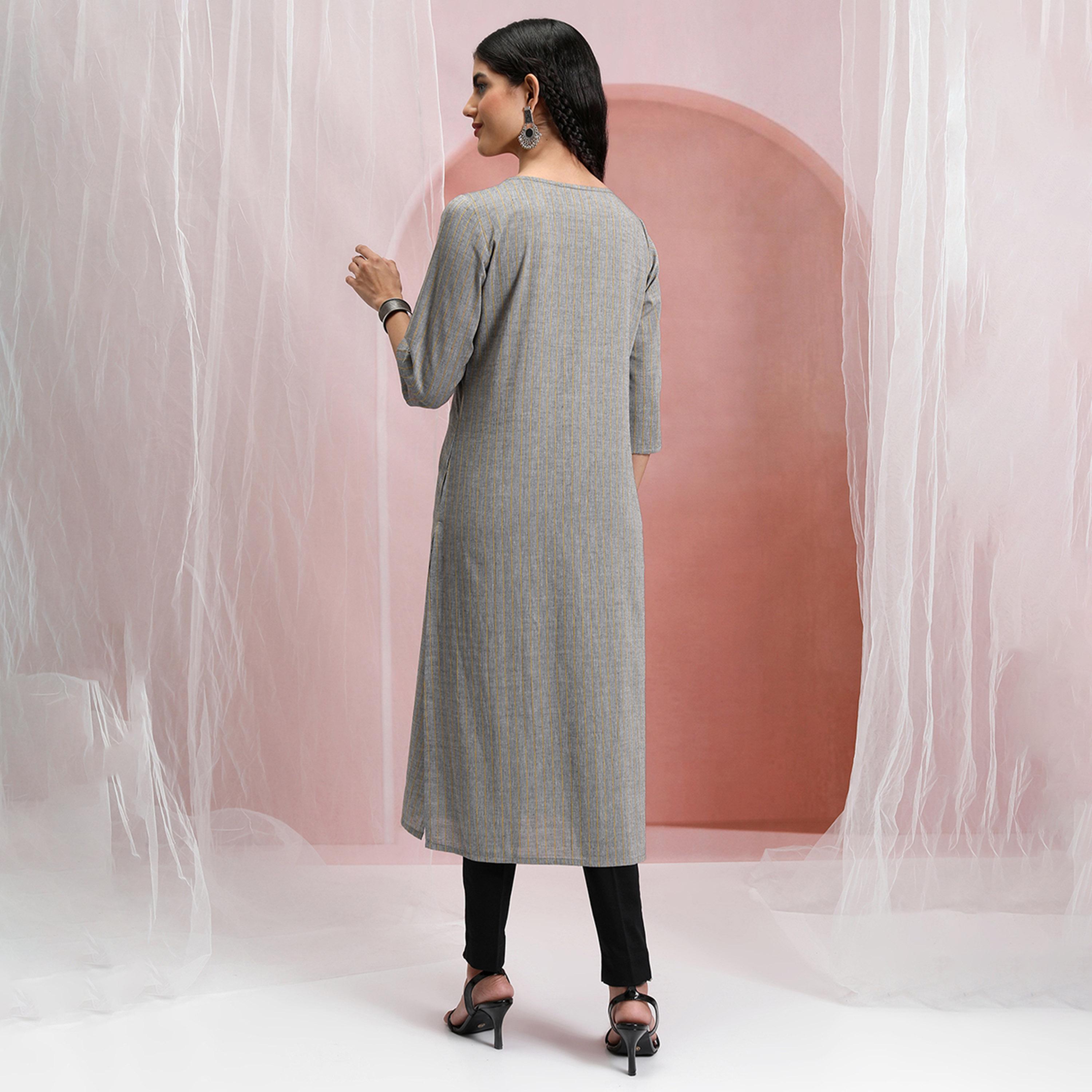 Vishudh X Styli Grey & Yellow Ethnic Motifs Yoke Design Thread Work Cotton Kurta-women-clothing-ethnicwear-kurtas-image-3