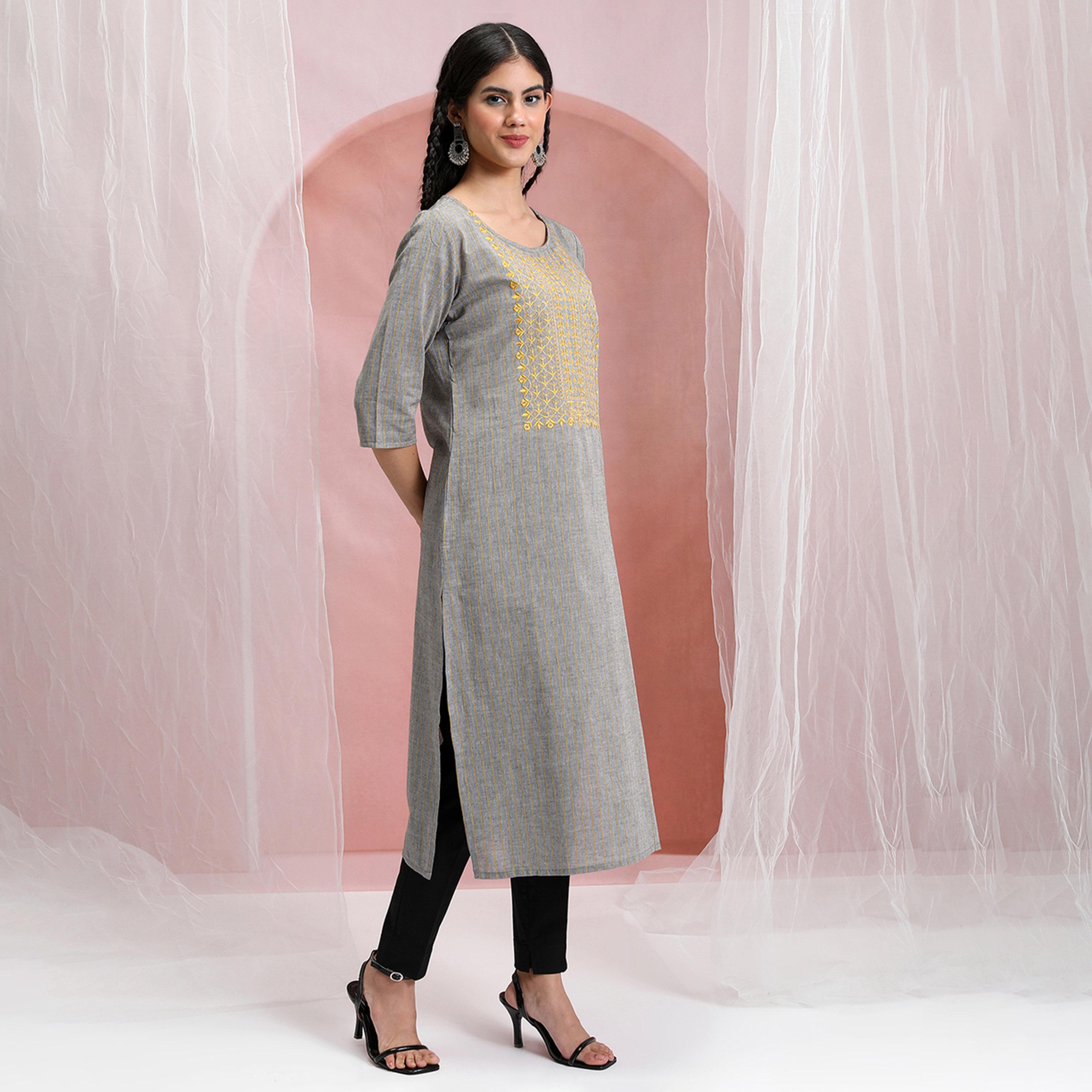 Vishudh X Styli Grey & Yellow Ethnic Motifs Yoke Design Thread Work Cotton Kurta-women-clothing-ethnicwear-kurtas-image-4