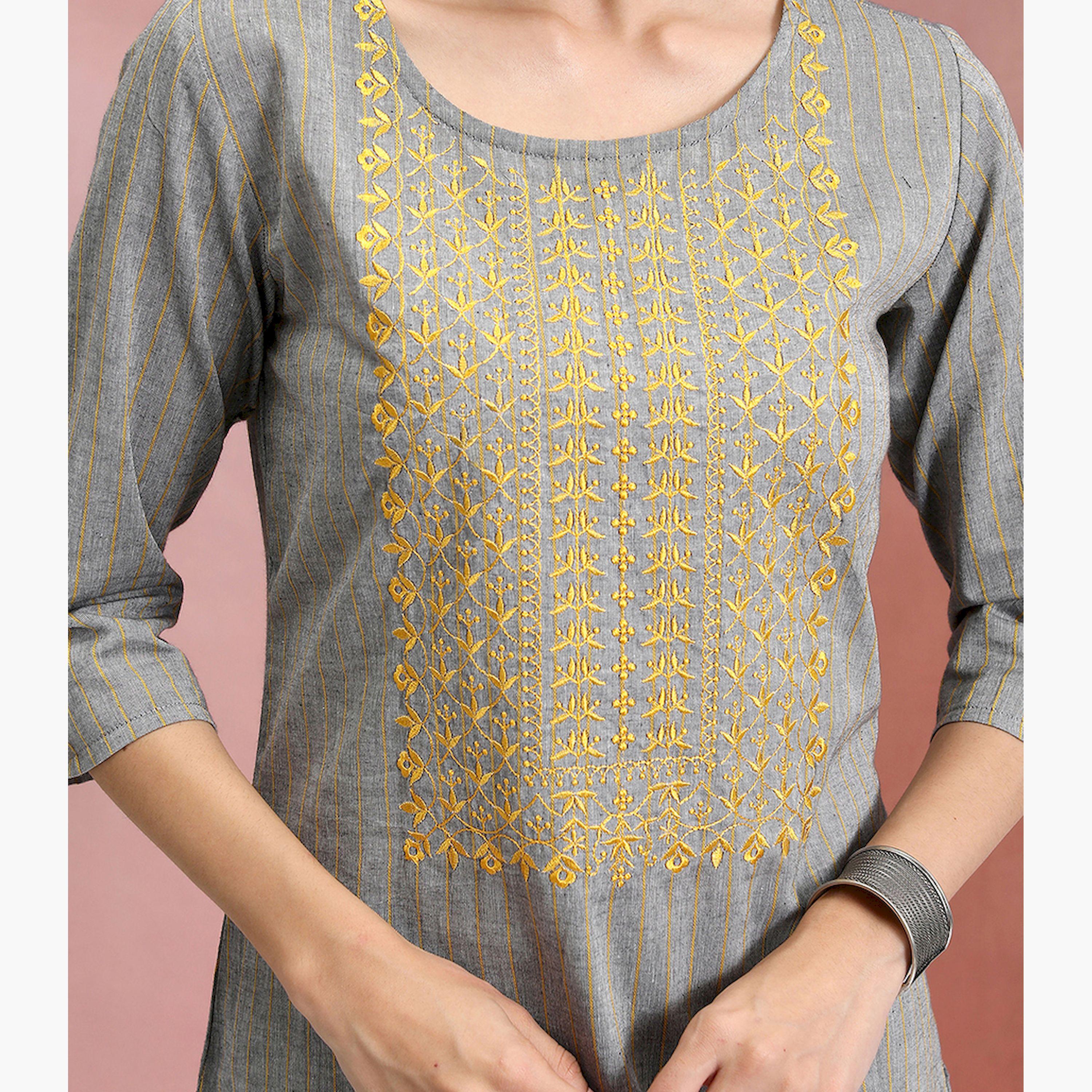 Vishudh X Styli Grey & Yellow Ethnic Motifs Yoke Design Thread Work Cotton Kurta-women-clothing-ethnicwear-kurtas-image-5