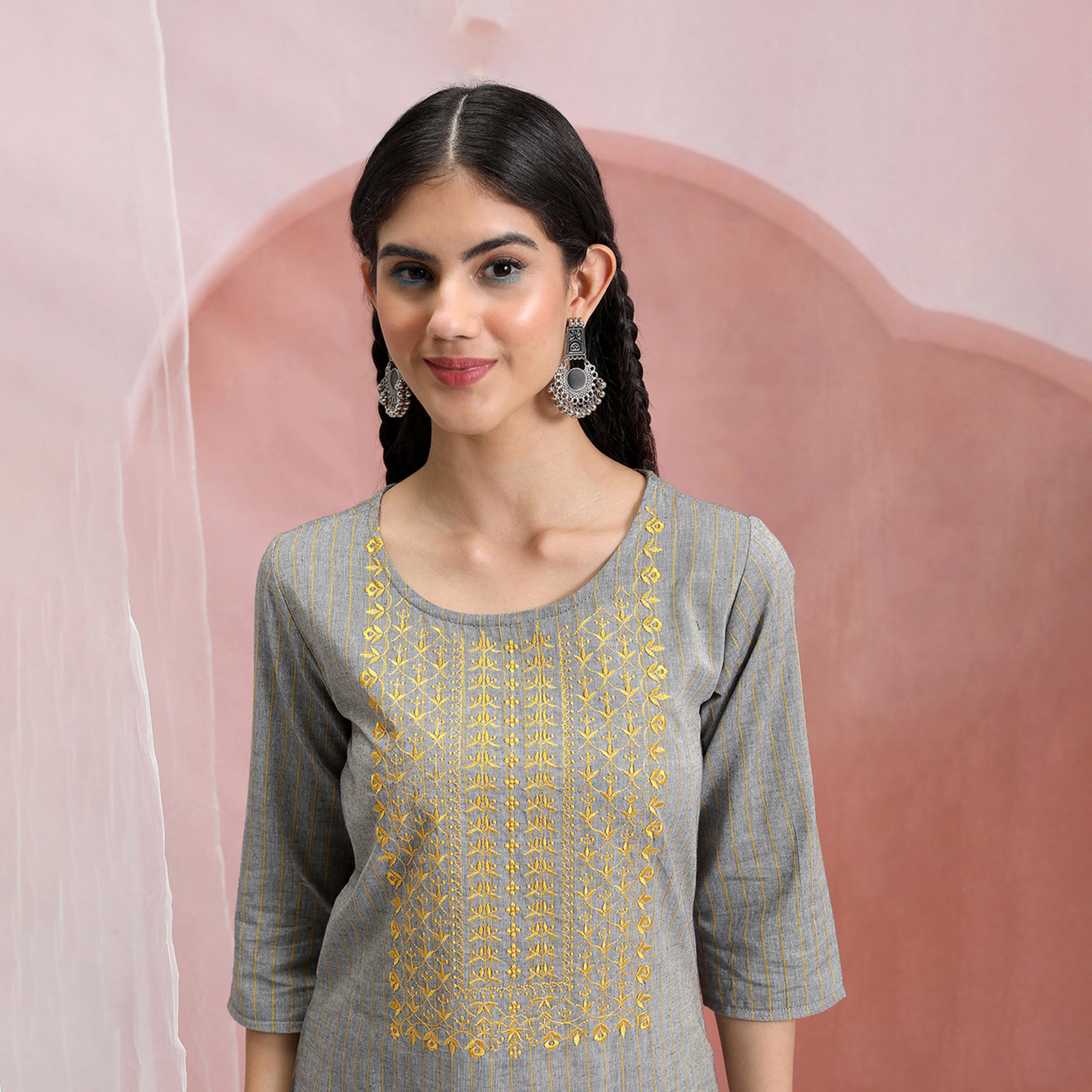 Vishudh X Styli Grey & Yellow Ethnic Motifs Yoke Design Thread Work Cotton Kurta-women-clothing-ethnicwear-kurtas-image-6