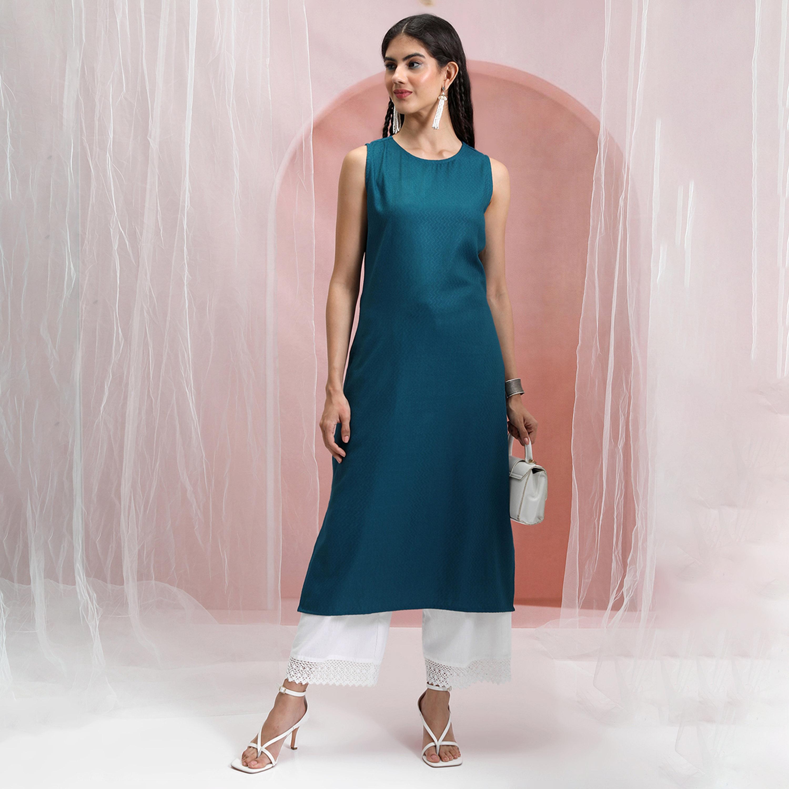 Vishudh X Styli Teal Blue Chevron Woven Design Sleeveless Straight Kurta-women-clothing-ethnicwear-kurtas-image-1