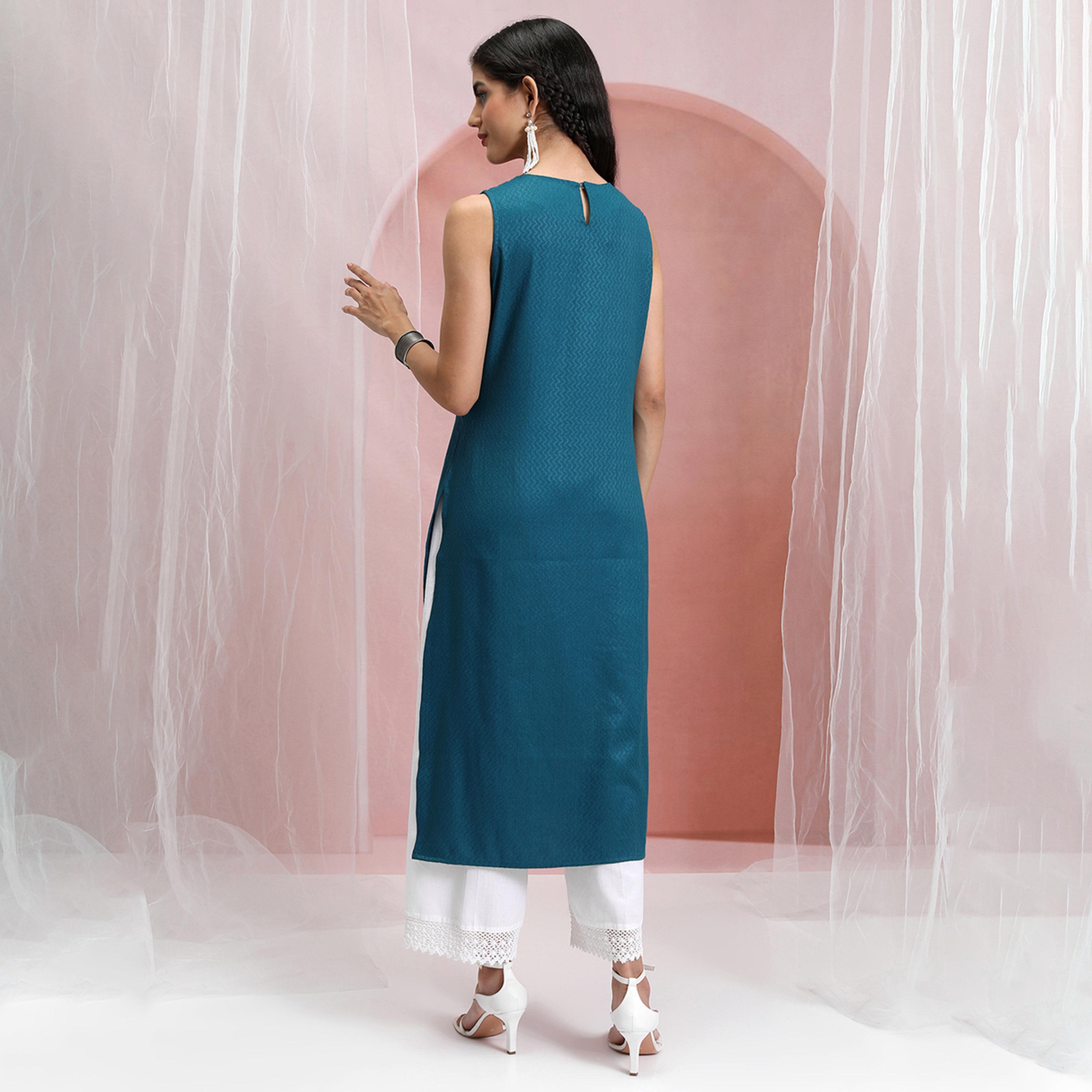 فيشود × ستايلي - كورتا مستقيمة بتصميم شيفرون منسوج بدون أكمام - أزرق مخضر-women-clothing-ethnicwear-kurtas-image-3