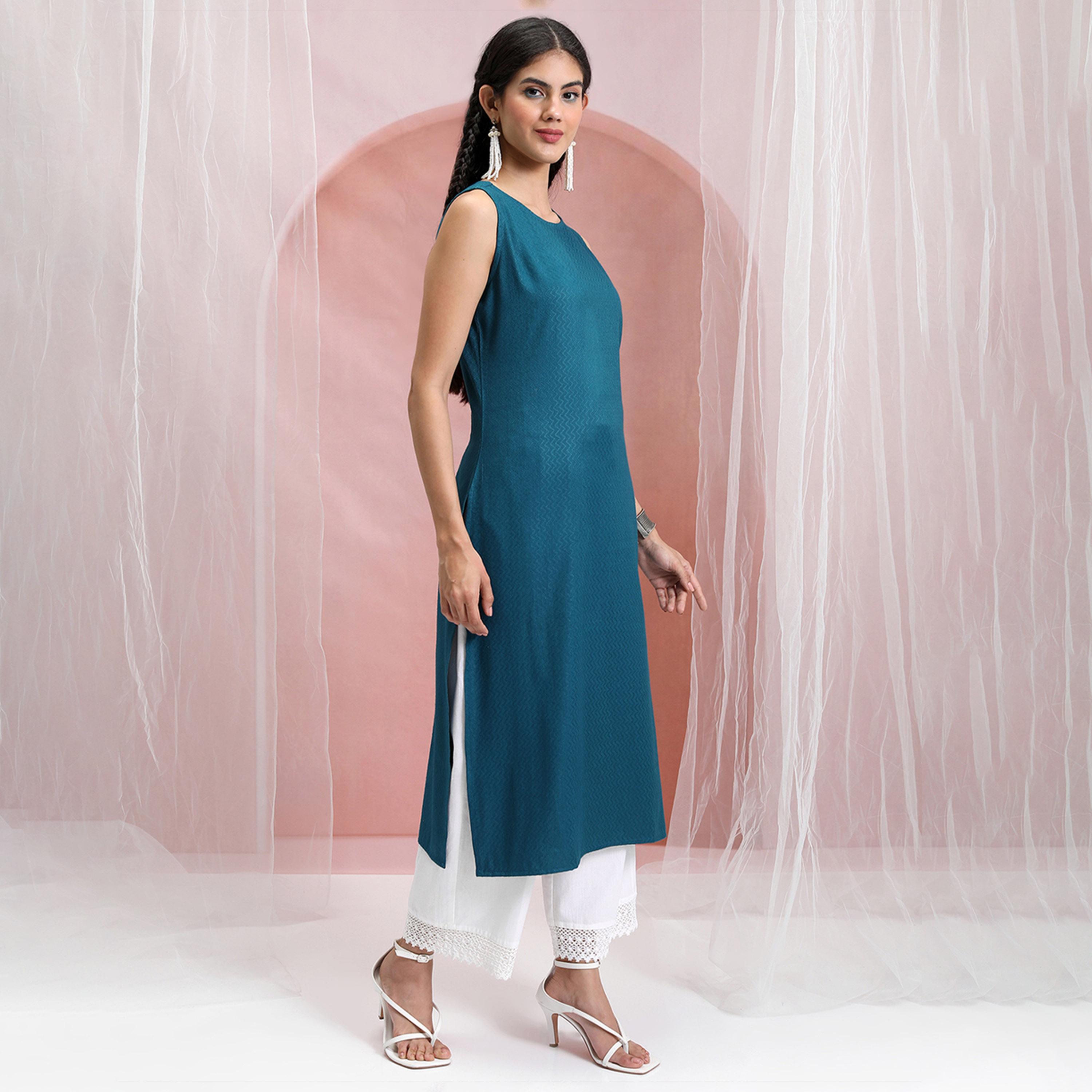 Vishudh X Styli Teal Blue Chevron Woven Design Sleeveless Straight Kurta-women-clothing-ethnicwear-kurtas-image-4