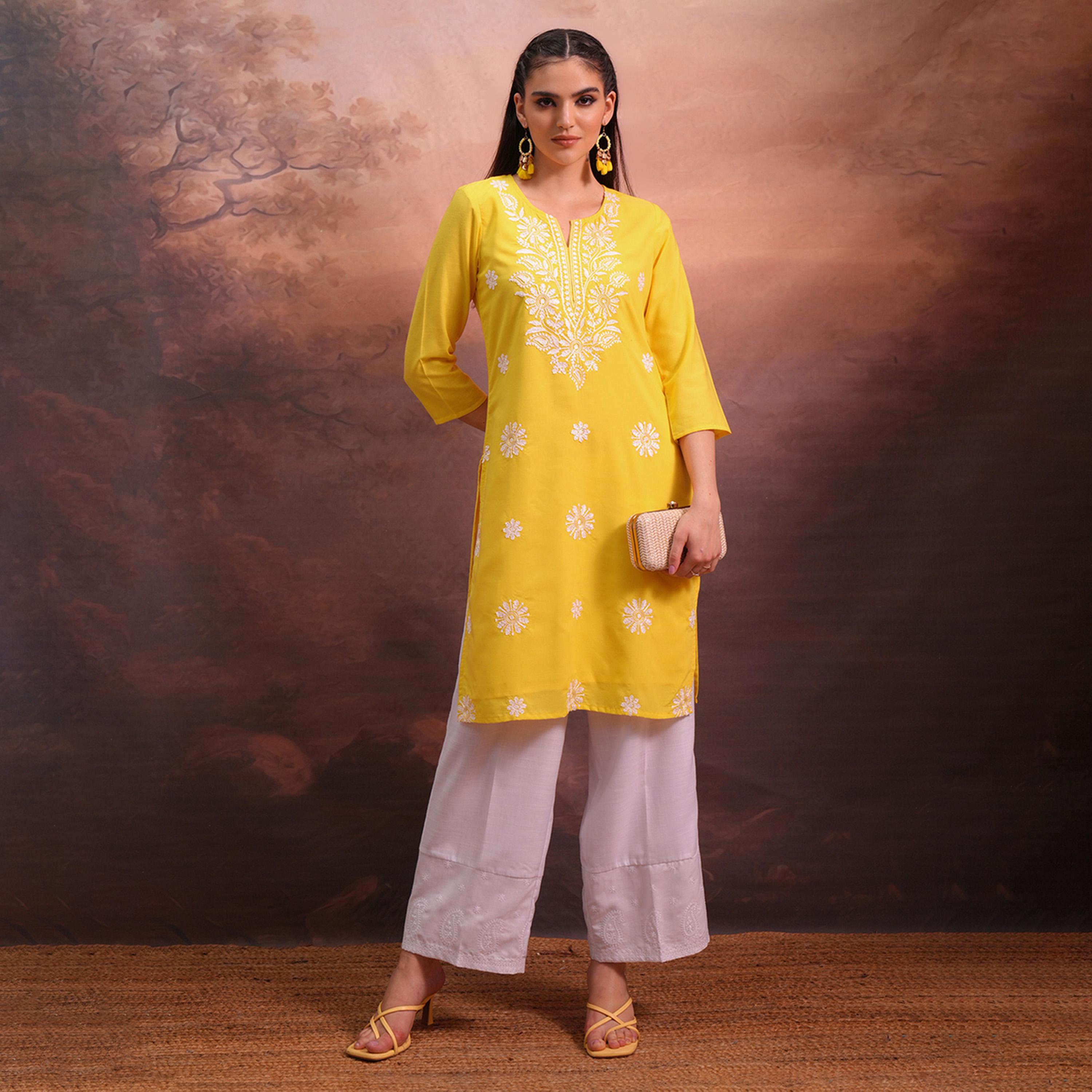 Vishudh X Styli Yellow Floral Embroidered Straight Kurta-women-clothing-ethnicwear-kurtas-image-1
