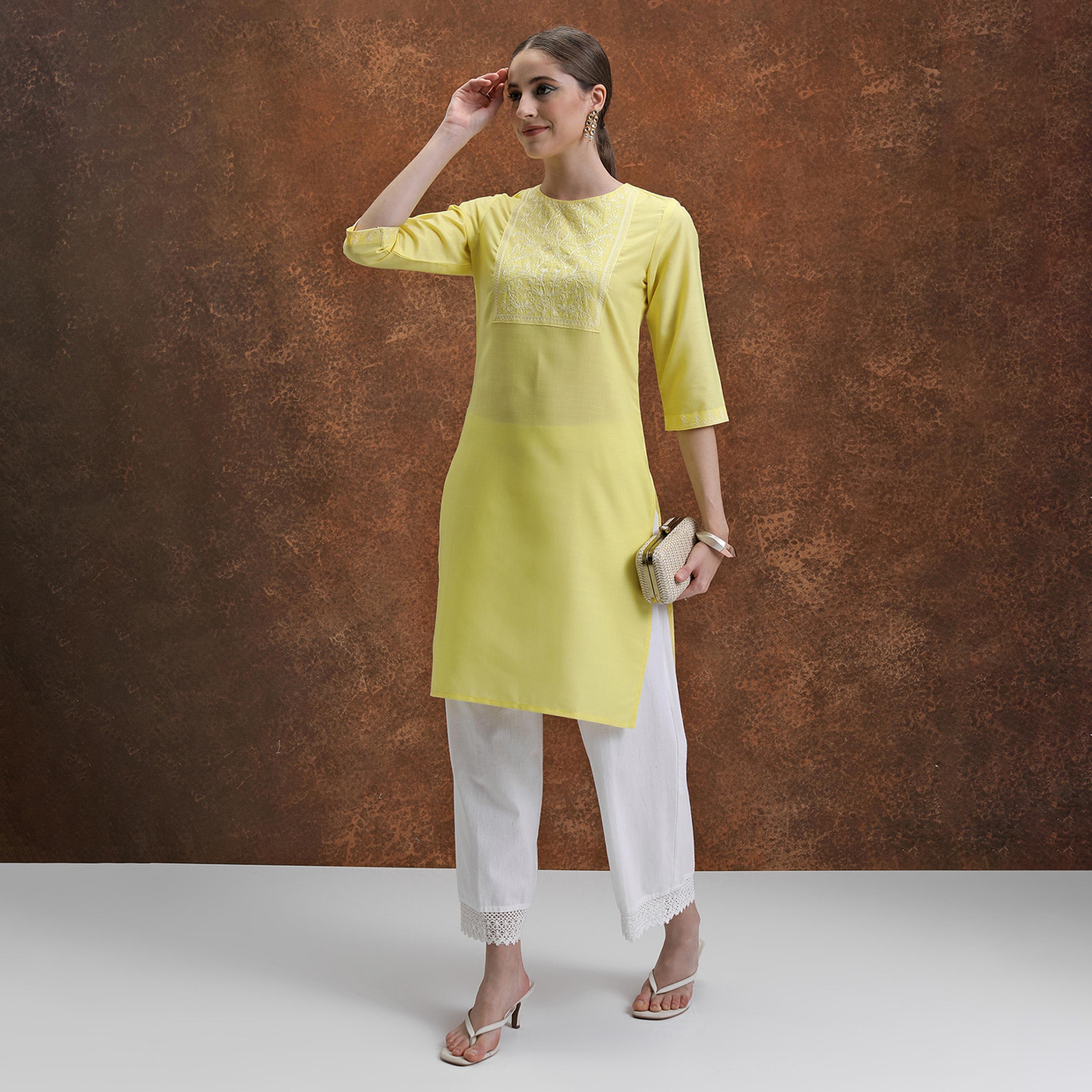 Vishudh X Styli Yellow Floral Yoke Design Thread Work Straight Kurta-women-clothing-ethnicwear-kurtas-image-1