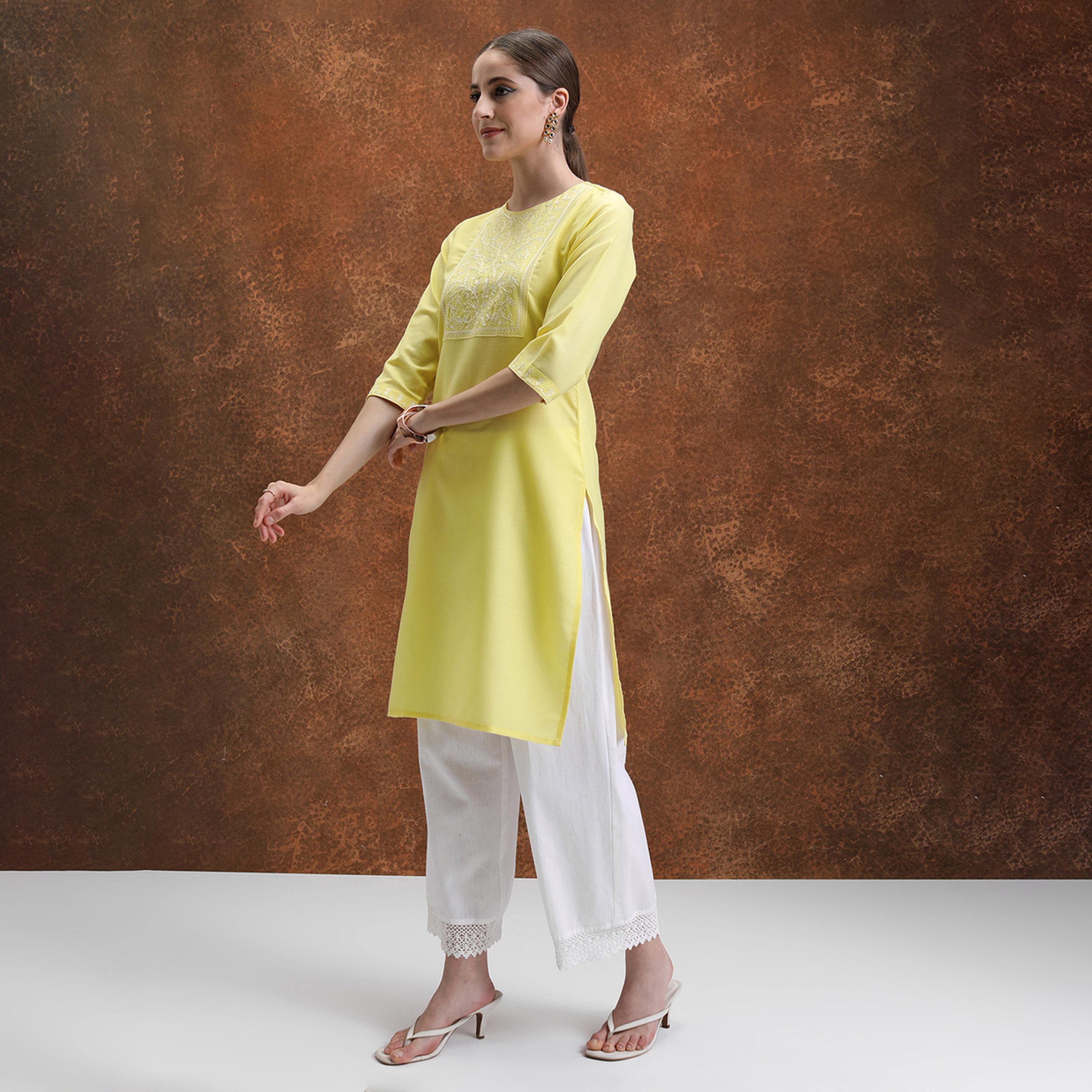Vishudh X Styli Yellow Floral Yoke Design Thread Work Straight Kurta-women-clothing-ethnicwear-kurtas-image-2