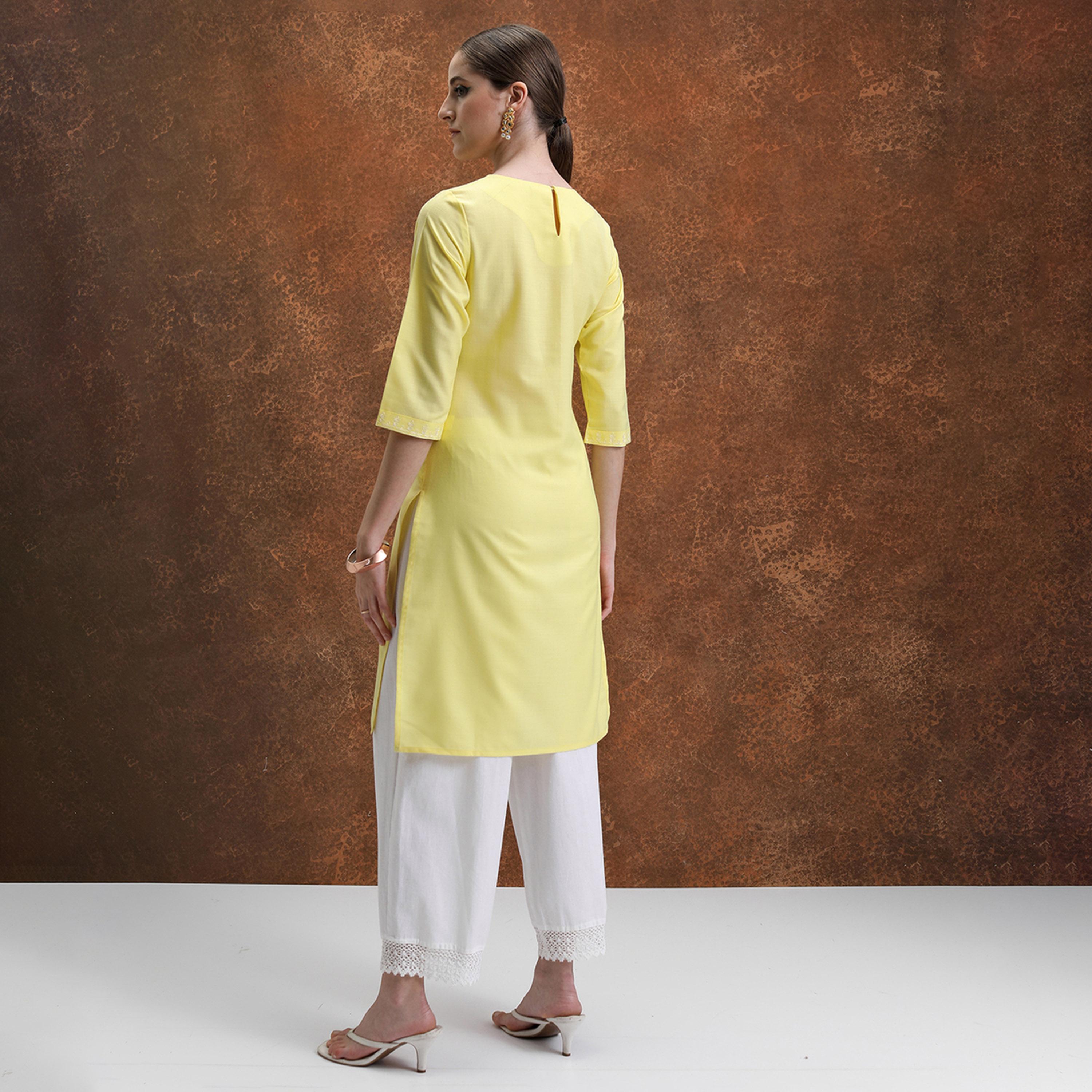 Vishudh X Styli Yellow Floral Yoke Design Thread Work Straight Kurta-women-clothing-ethnicwear-kurtas-image-3
