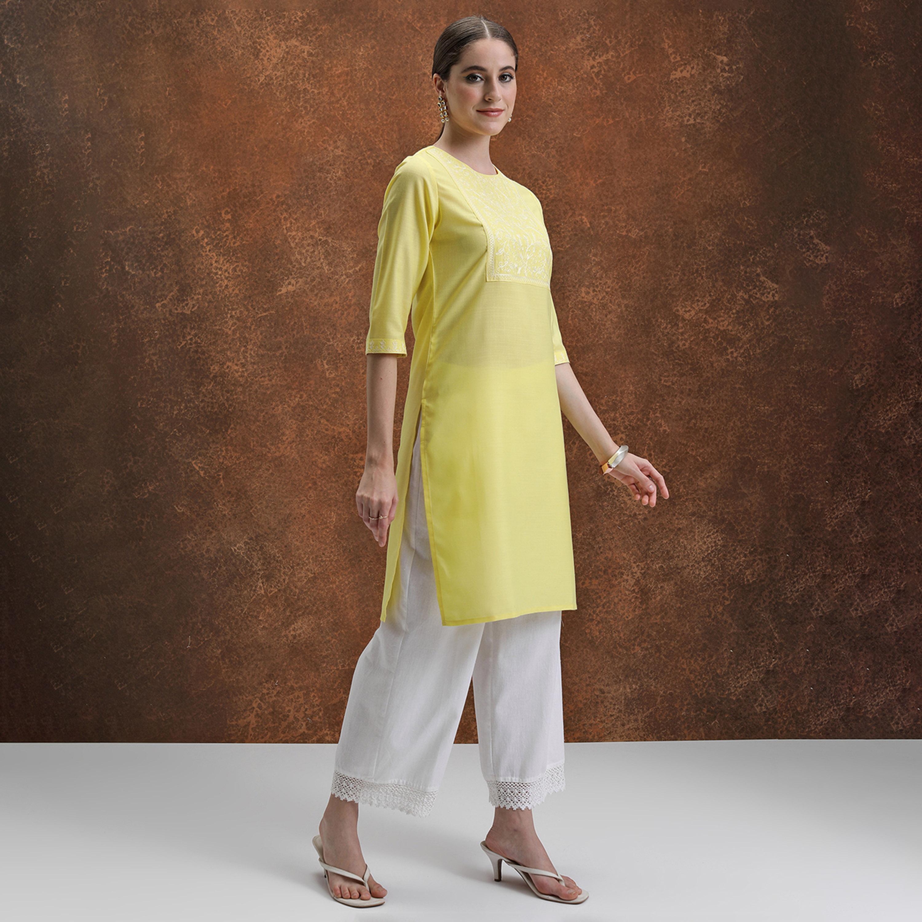 فيشود × ستايلي - كورتا مستقيمة بياقة مزينة بالأزهار - أصفر-women-clothing-ethnicwear-kurtas-image-4