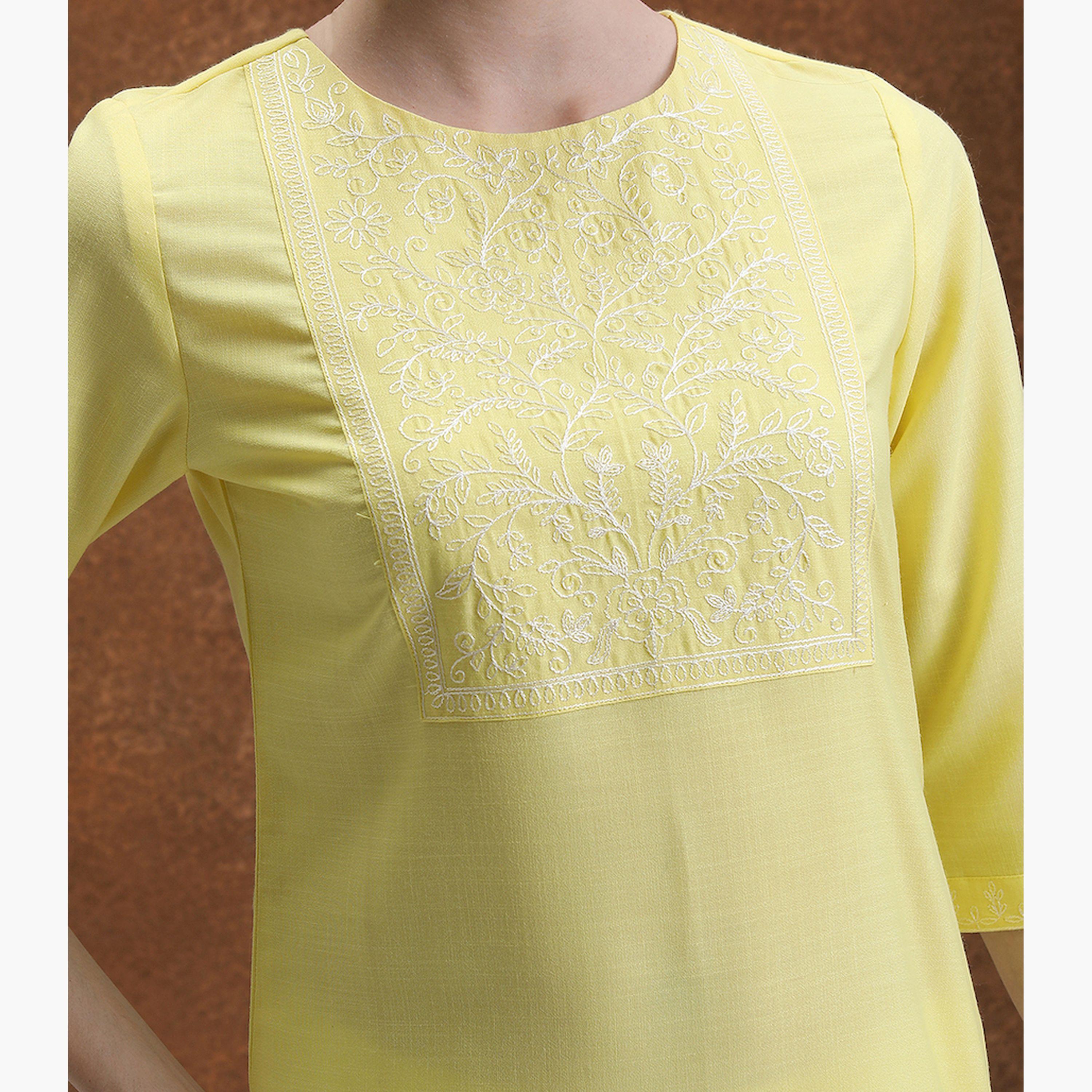 فيشود × ستايلي - كورتا مستقيمة بياقة مزينة بالأزهار - أصفر-women-clothing-ethnicwear-kurtas-image-5