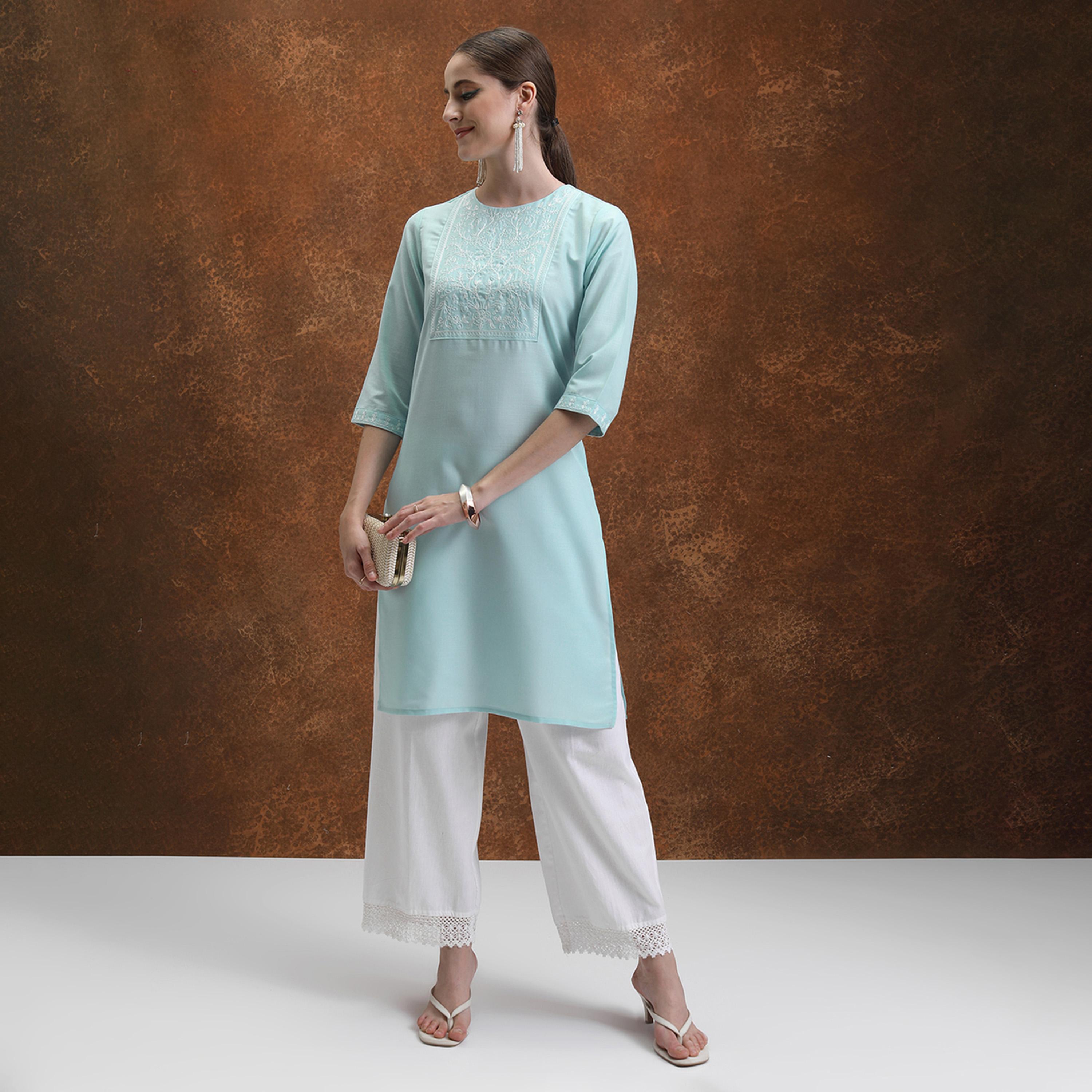 Vishudh X Styli Blue Floral Yoke Design Thread Work Straight Kurta-women-clothing-ethnicwear-kurtas-image-1
