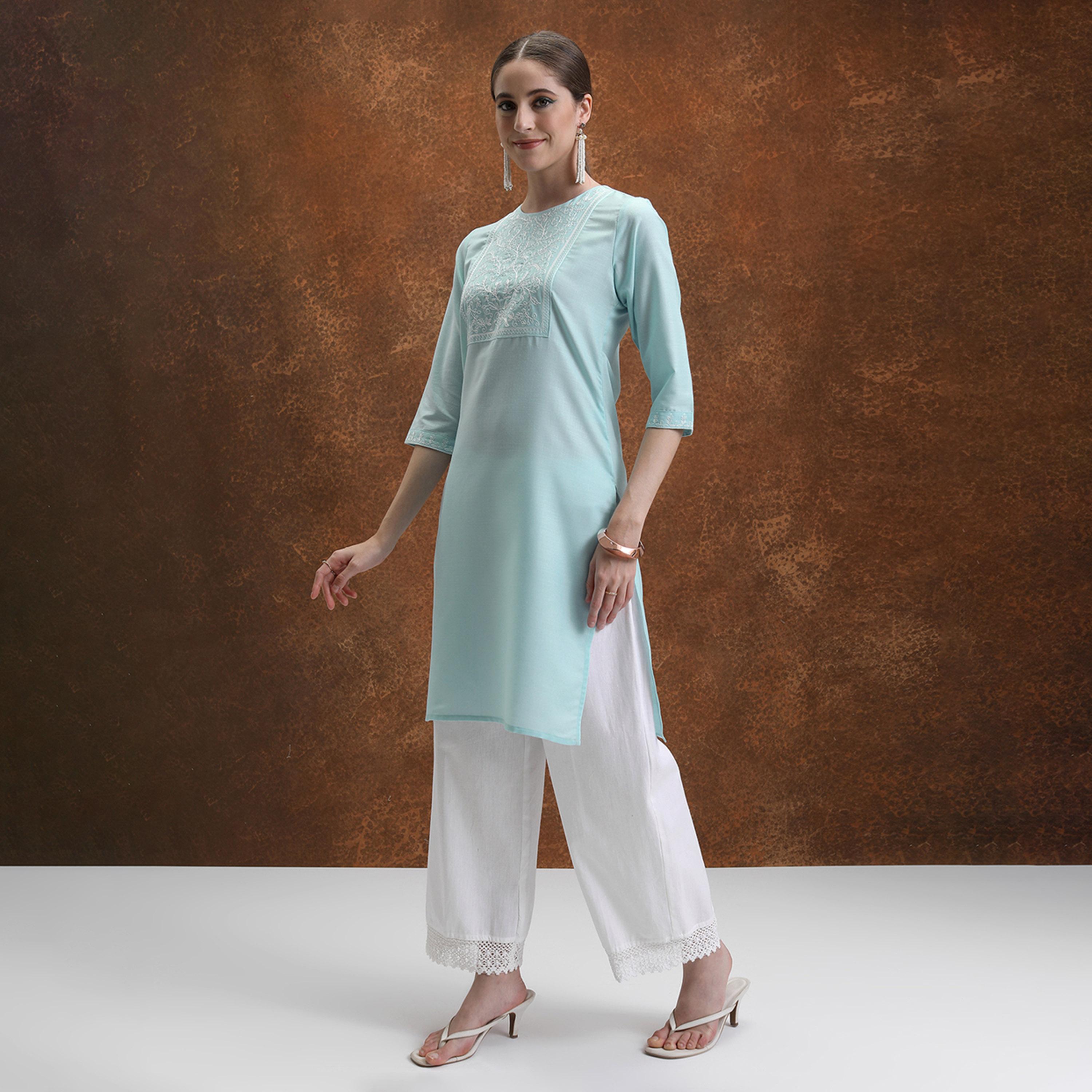 فيشود × ستايلي - كورتا مستقيمة مزينة بخيوط وزهور - أزرق-women-clothing-ethnicwear-kurtas-image-2