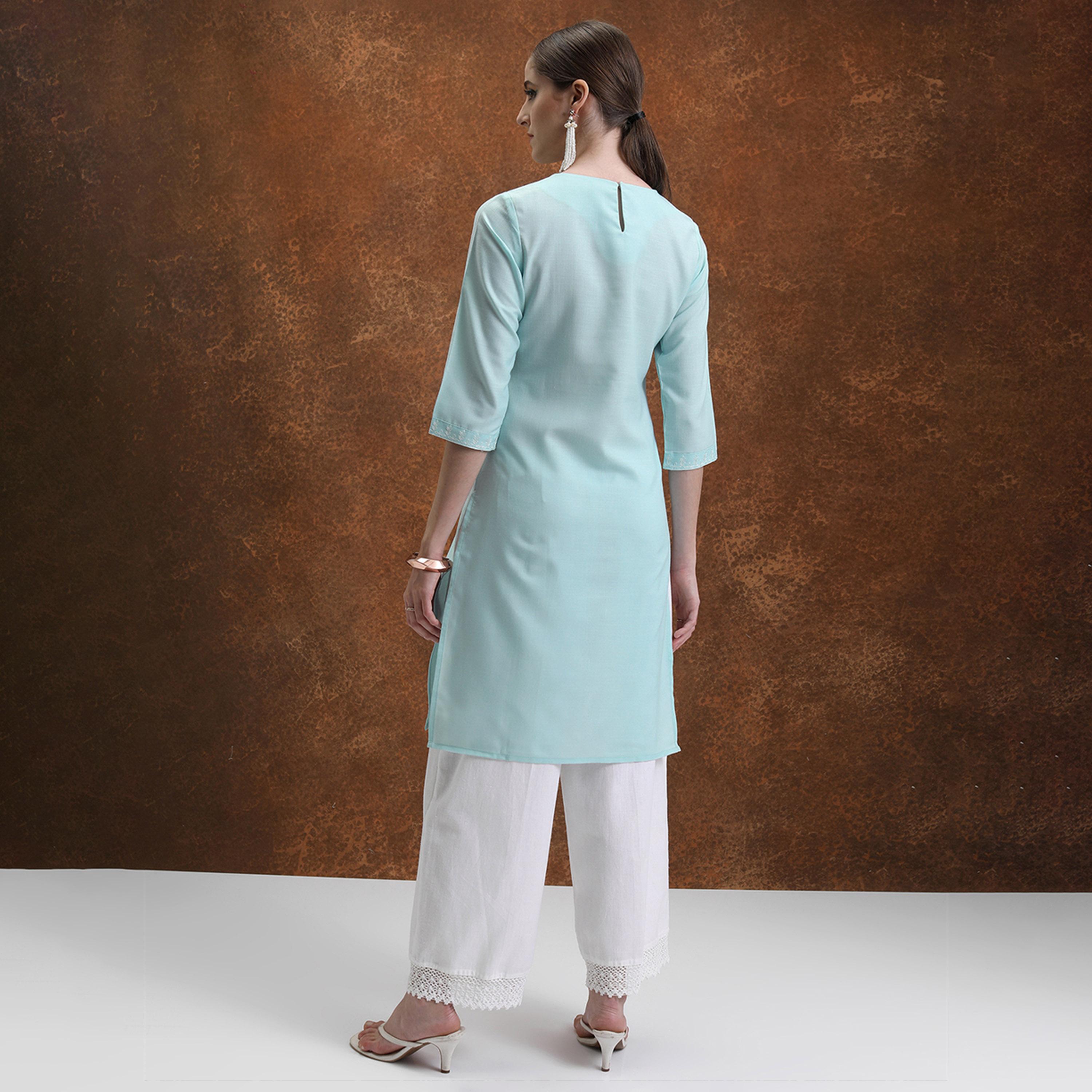 فيشود × ستايلي - كورتا مستقيمة مزينة بخيوط وزهور - أزرق-women-clothing-ethnicwear-kurtas-image-3