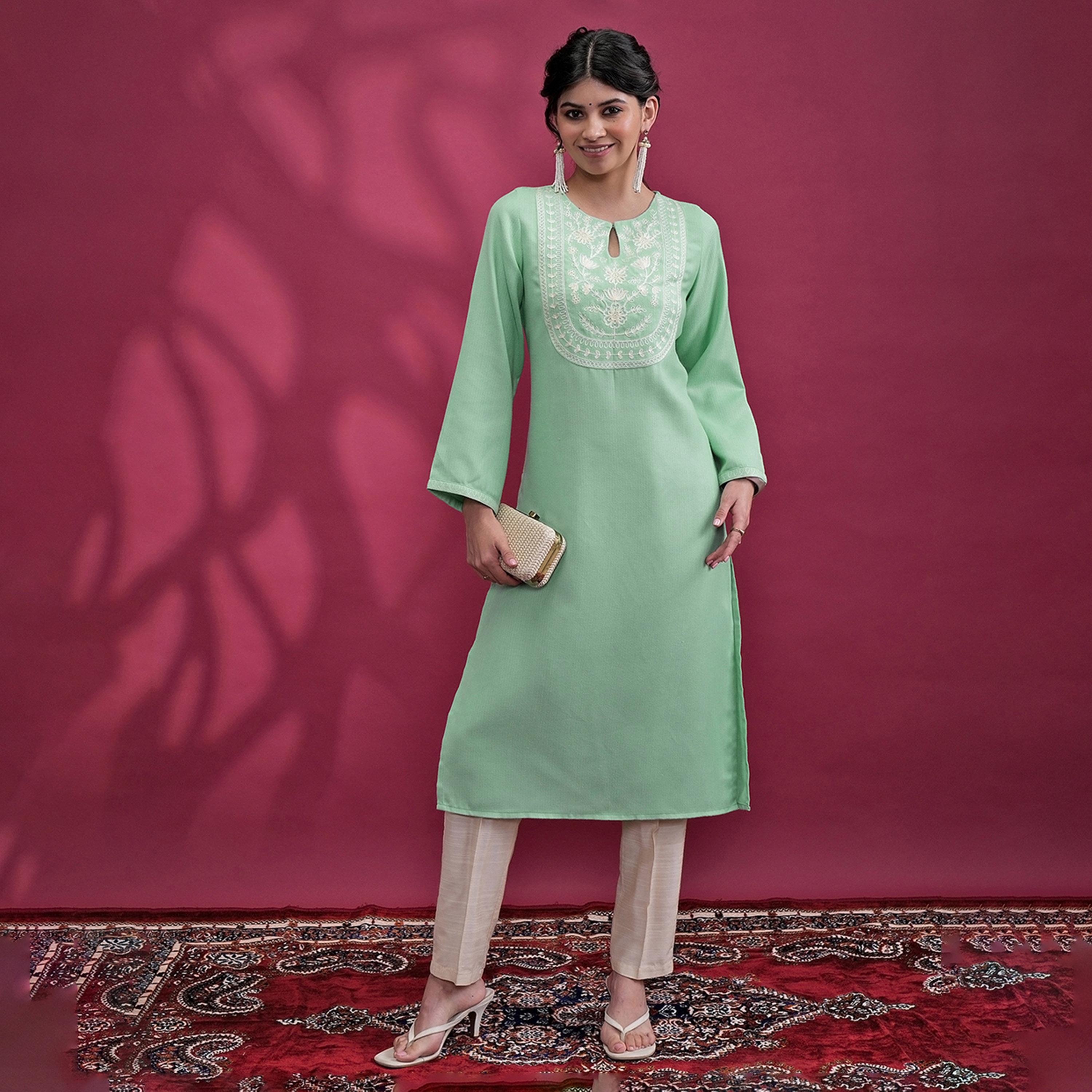 Vishudh X Styli Green Floral Embroidered Keyhole Neck Flared Sleeves Thread Work Straight Kurta-women-clothing-ethnicwear-kurtas-image-1