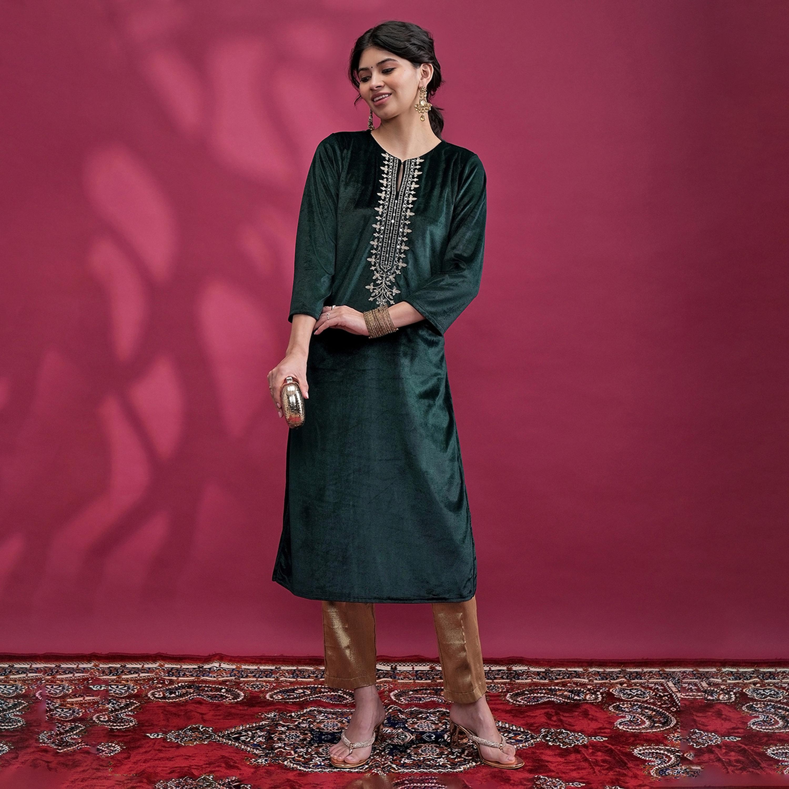 فيشود × ستايلي - كورتا بياقة مطرزة بالخيوط برقبة مستديرة-women-clothing-ethnicwear-kurtas-image-1