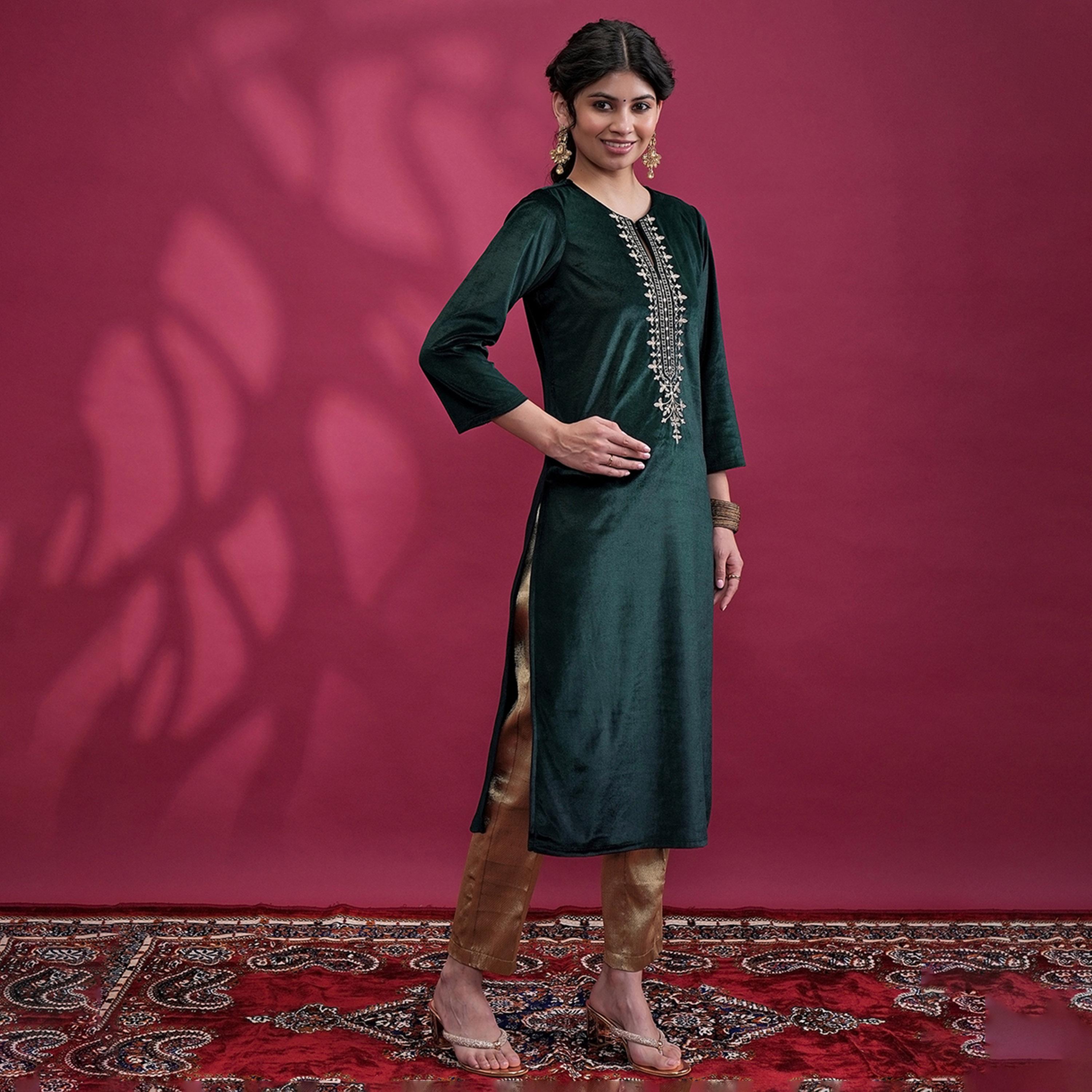 فيشود × ستايلي - كورتا بياقة مطرزة بالخيوط برقبة مستديرة-women-clothing-ethnicwear-kurtas-image-4