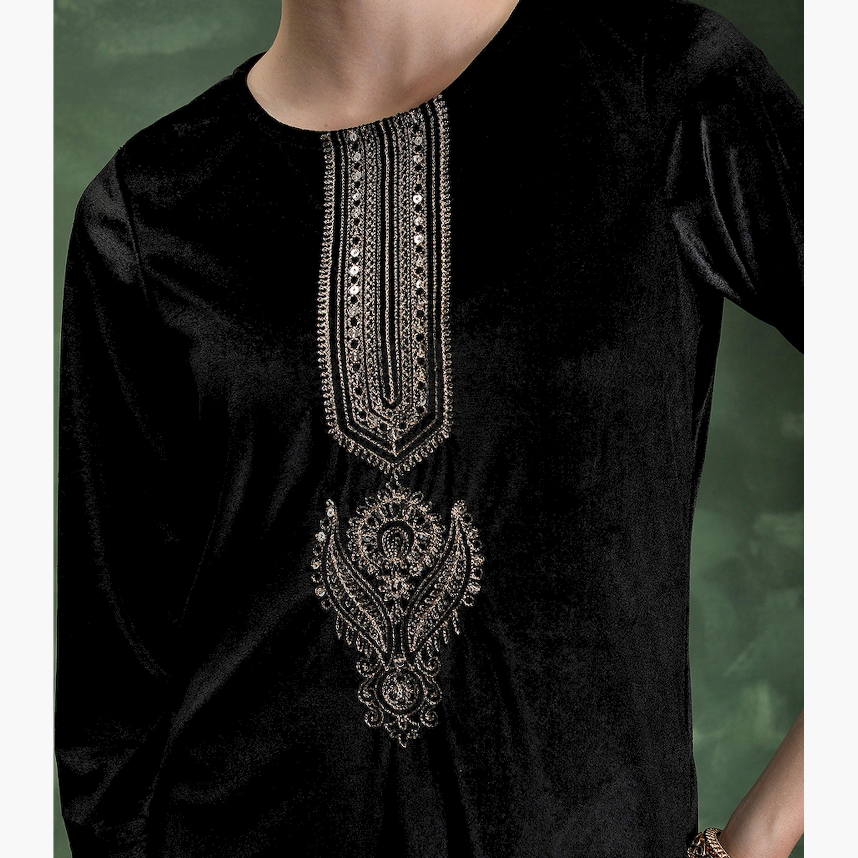 فيشود × ستايلي - كورتا مستقيمة مزينة بخيوط - سوداء-women-clothing-ethnicwear-kurtas-image-5
